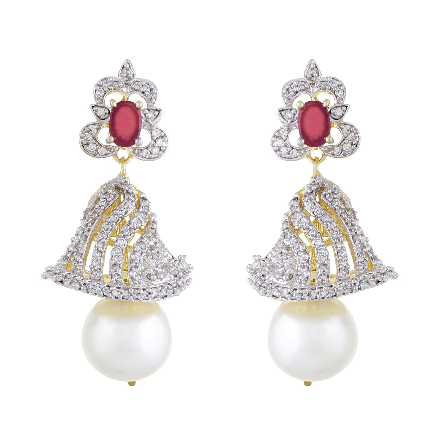 Designer Rodhium Plated CZ Copper Jhumki with Pearl Hanging for Ladies and Girls