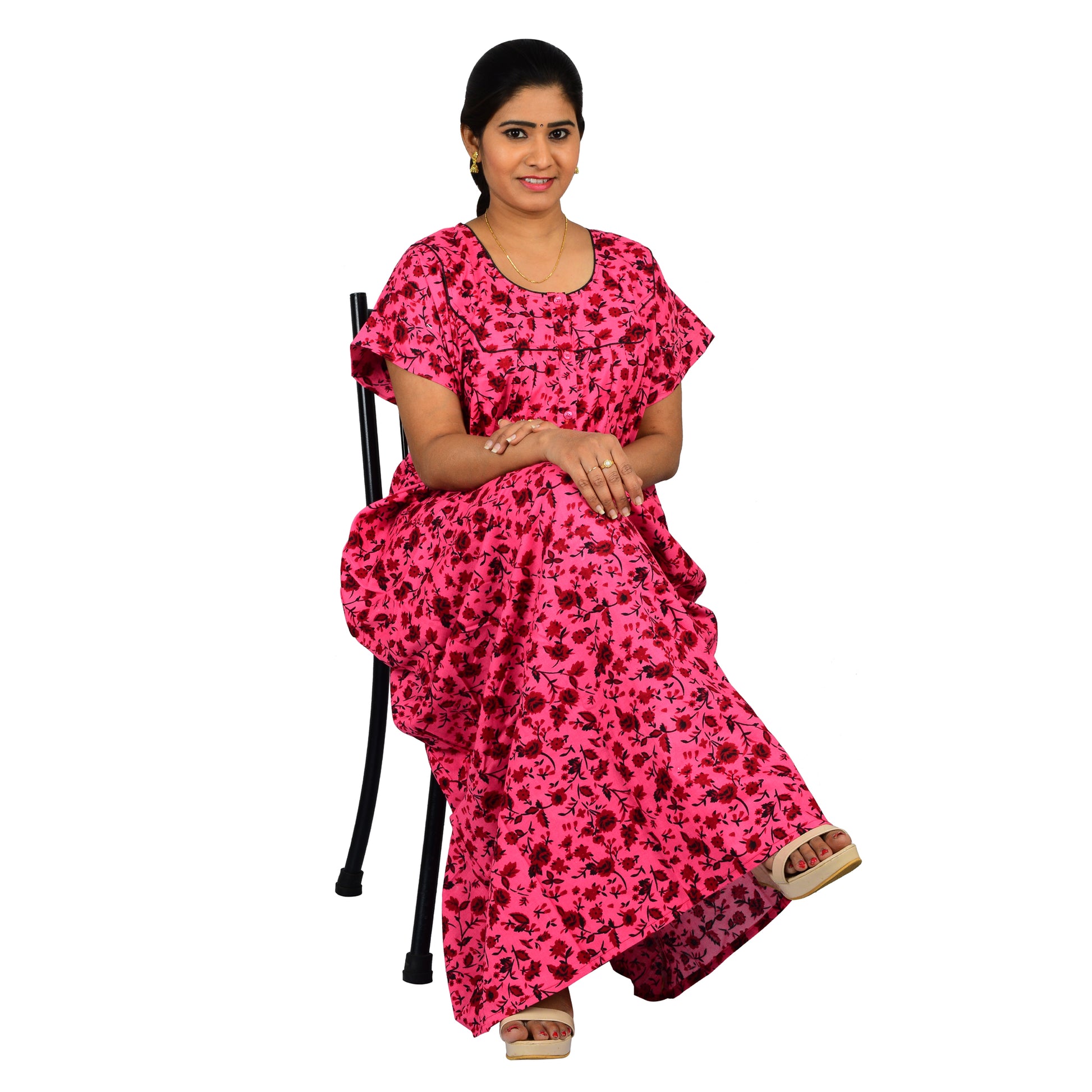 Printed Cotton Nighty For Women - Pink