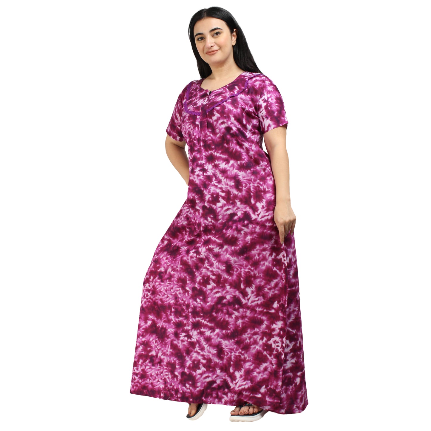 Printed Cotton Nighty For Women - Purple
