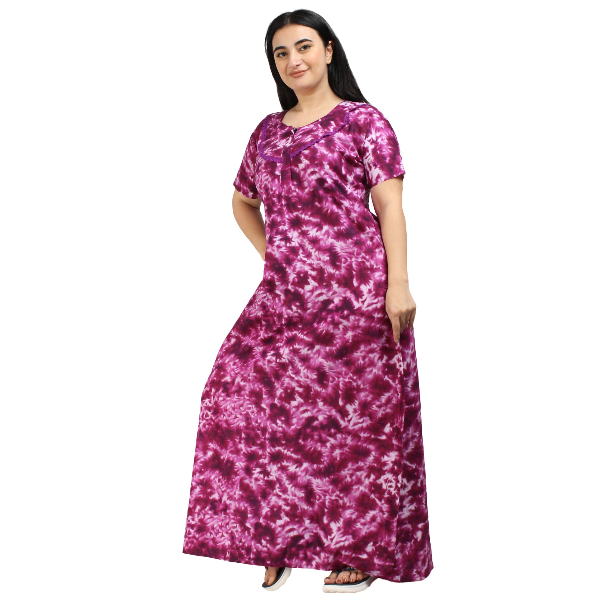 Printed Cotton Nighty For Women - Purple