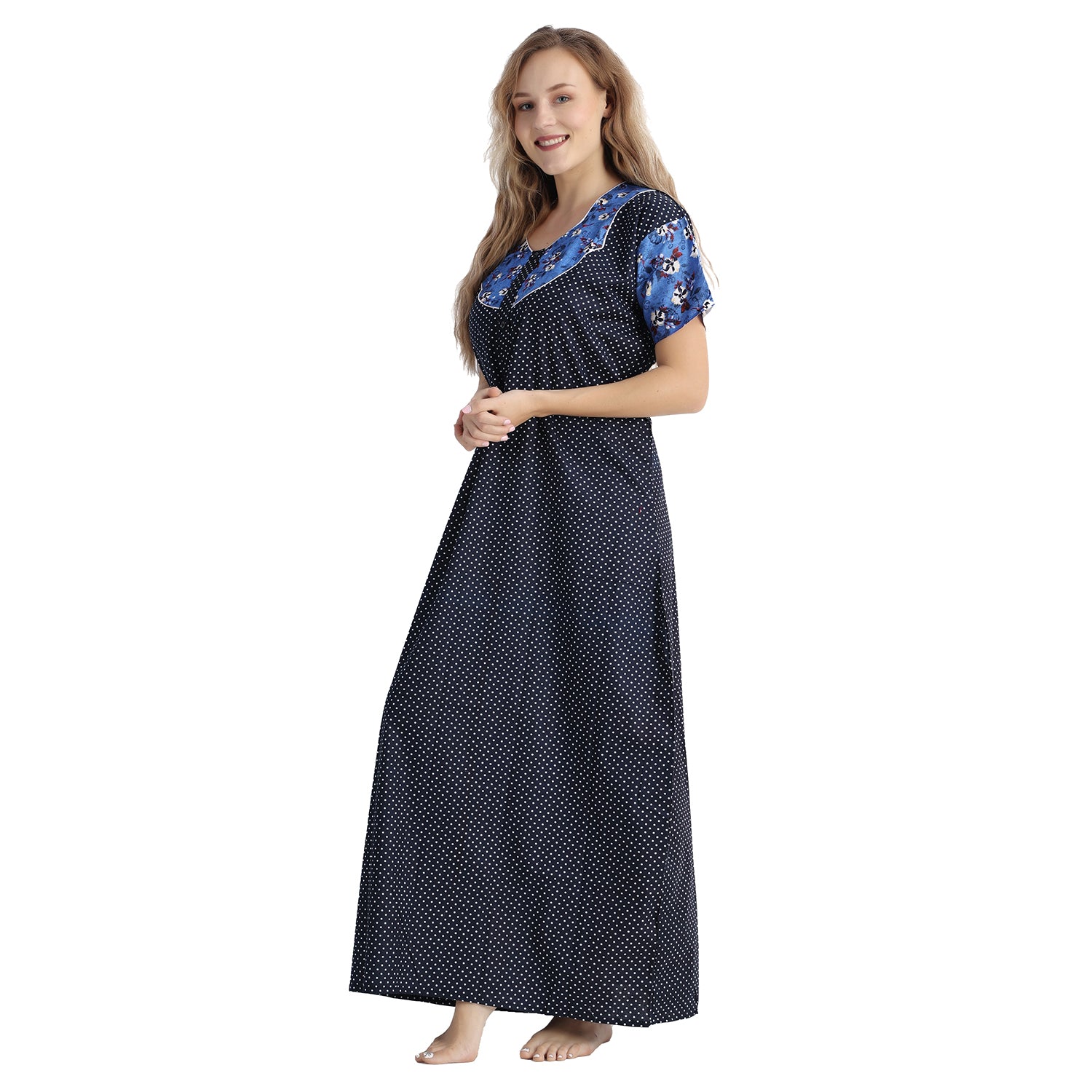 Printed Cotton Nighty For Women - Blue