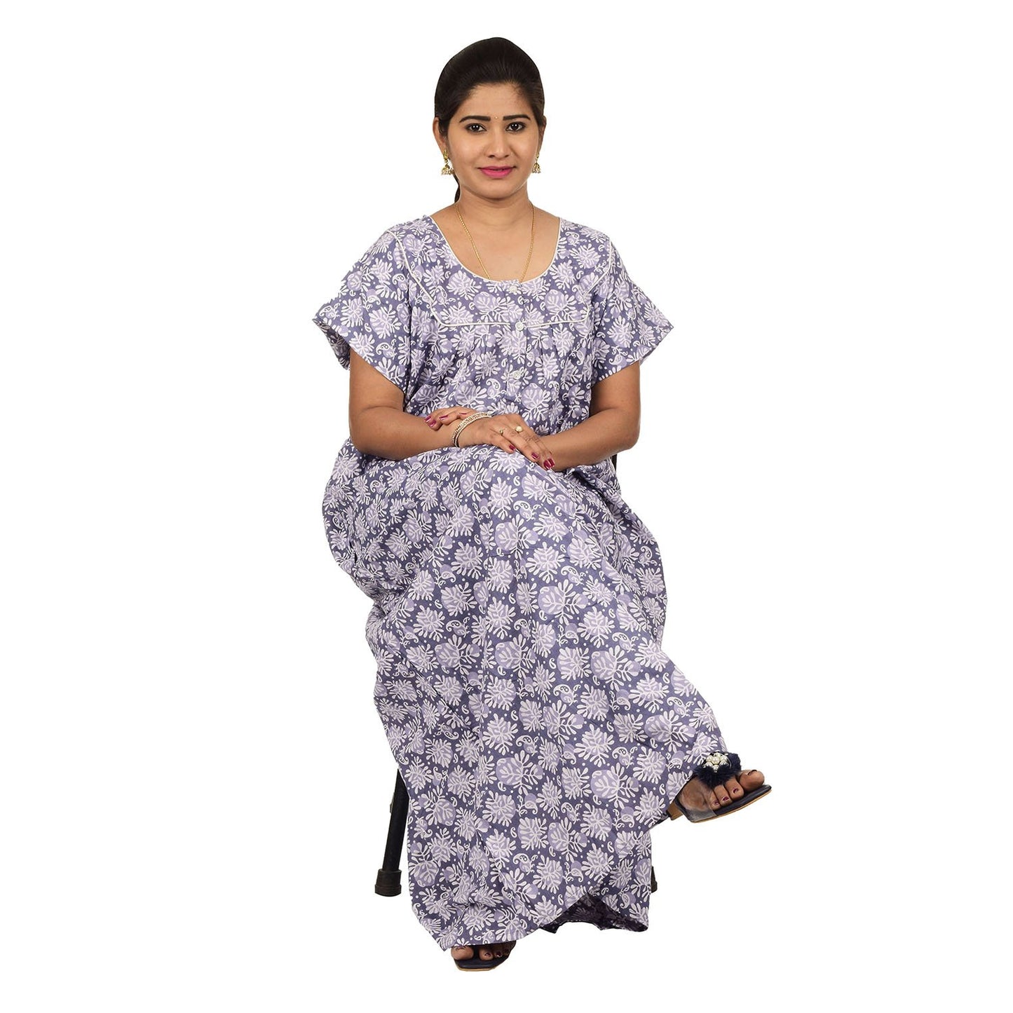 Printed Cotton Nighty For Women - Grey