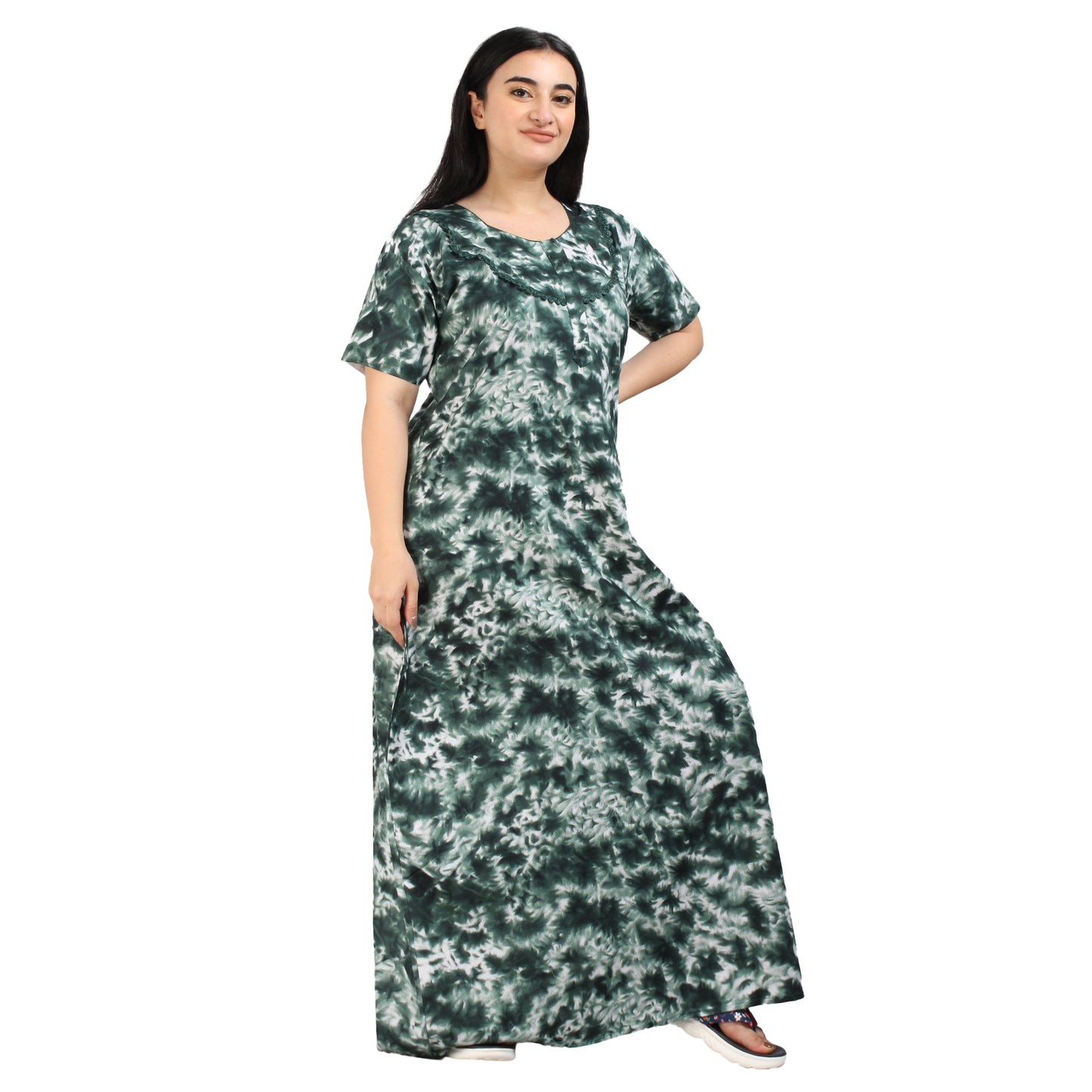 Printed Cotton Nighty For Women - Green