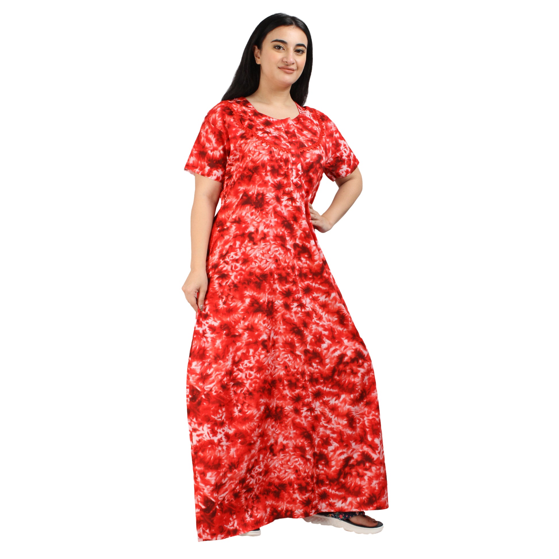 Printed Cotton Nighty For Women - Red