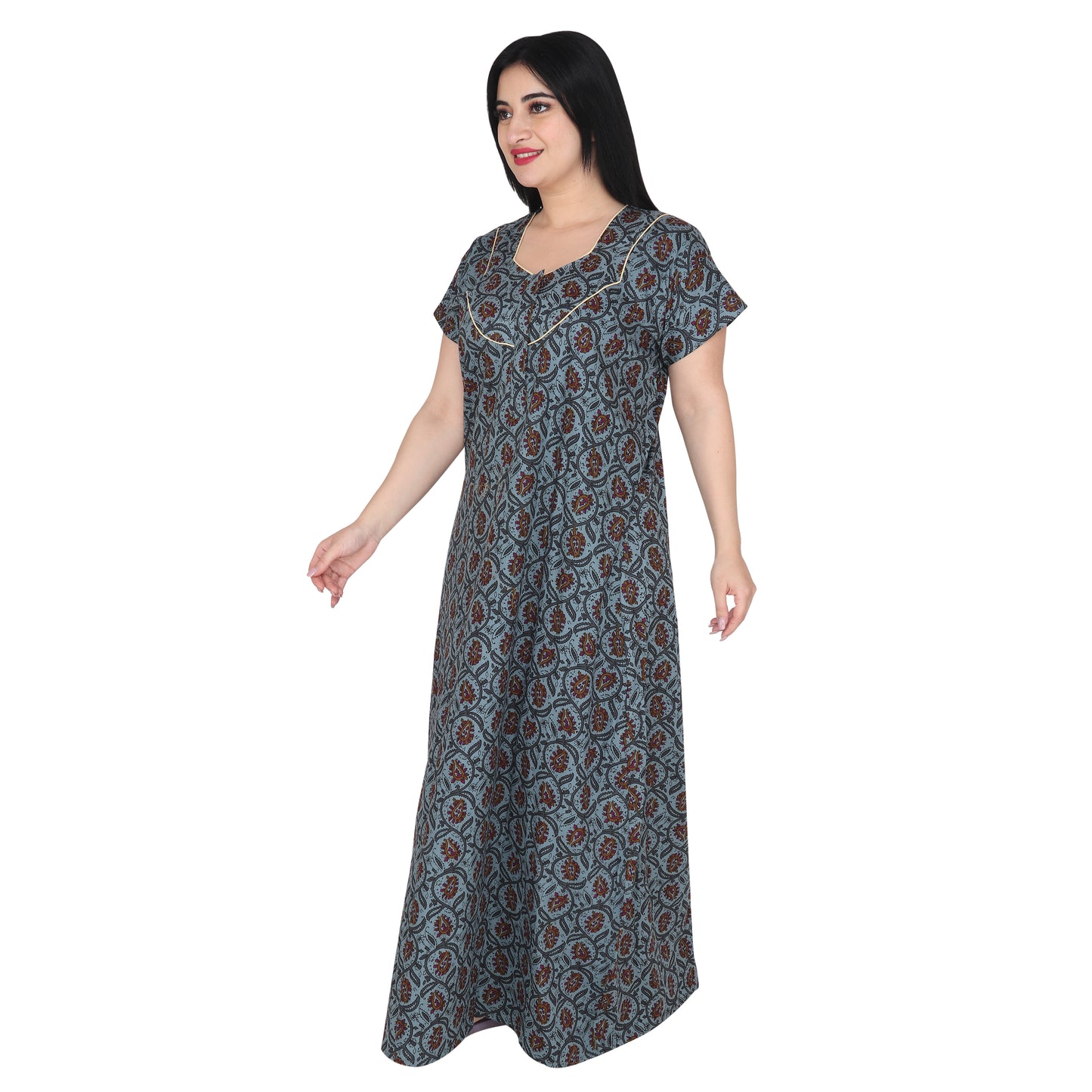 Printed Cotton Nighty For Women - Blue