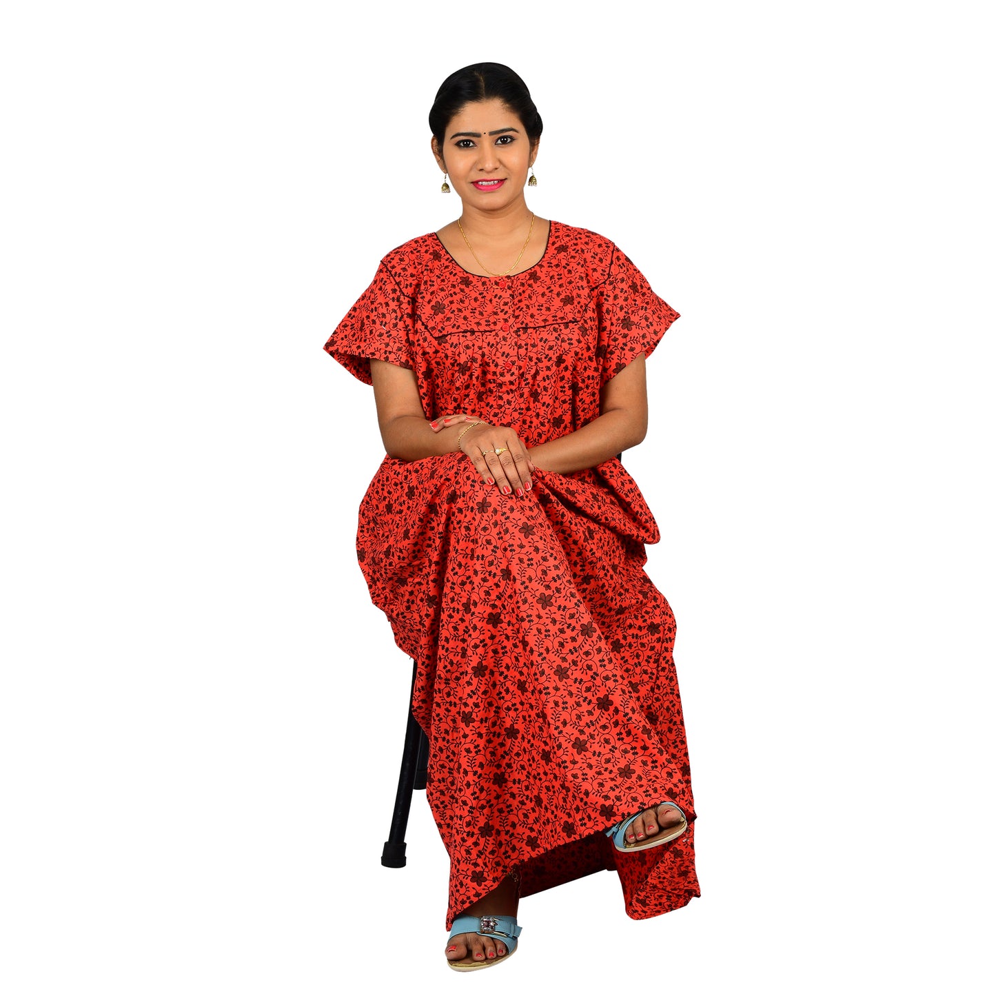 Printed Cotton Nighty For Women - Red