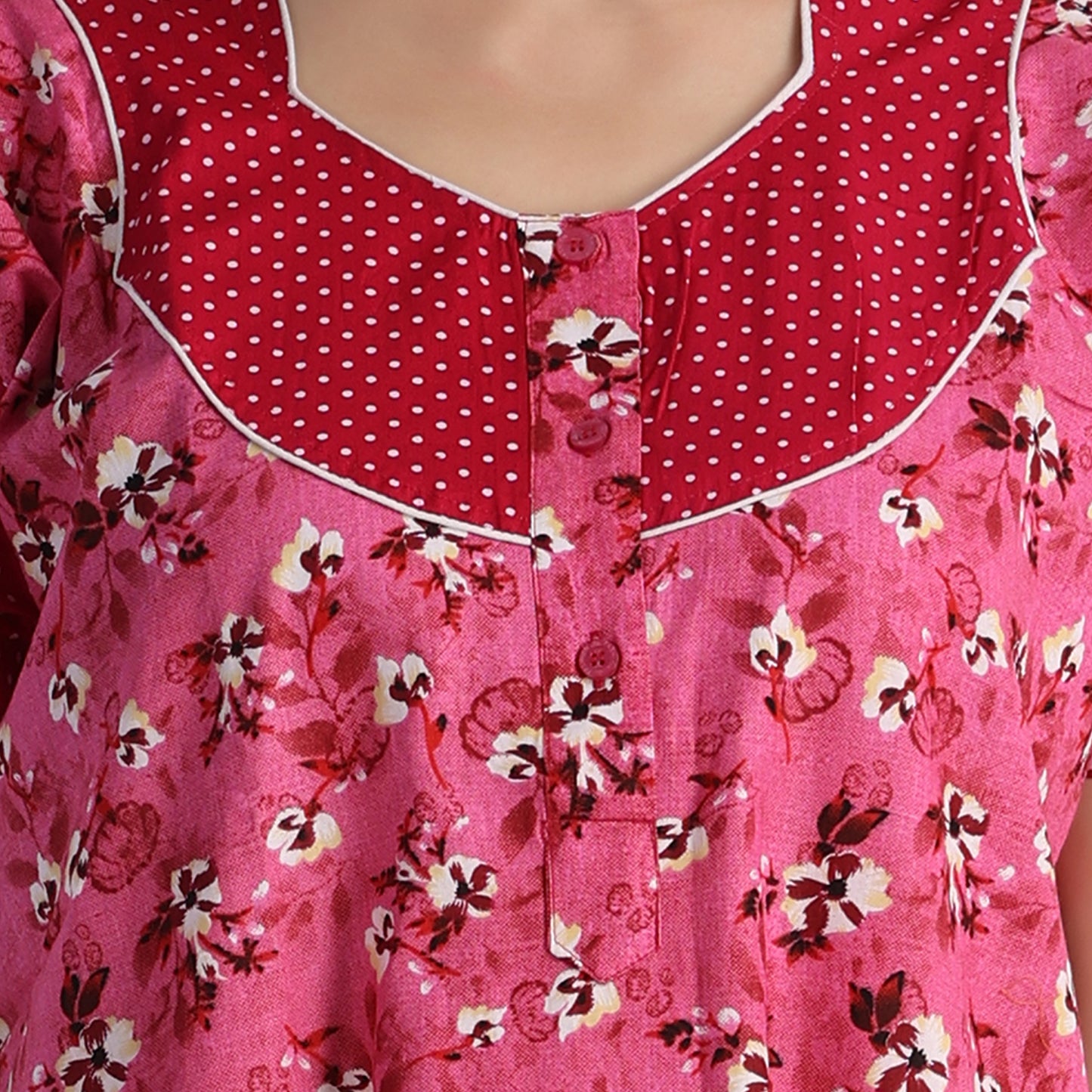 Printed Cotton Nighty For Women - Pink