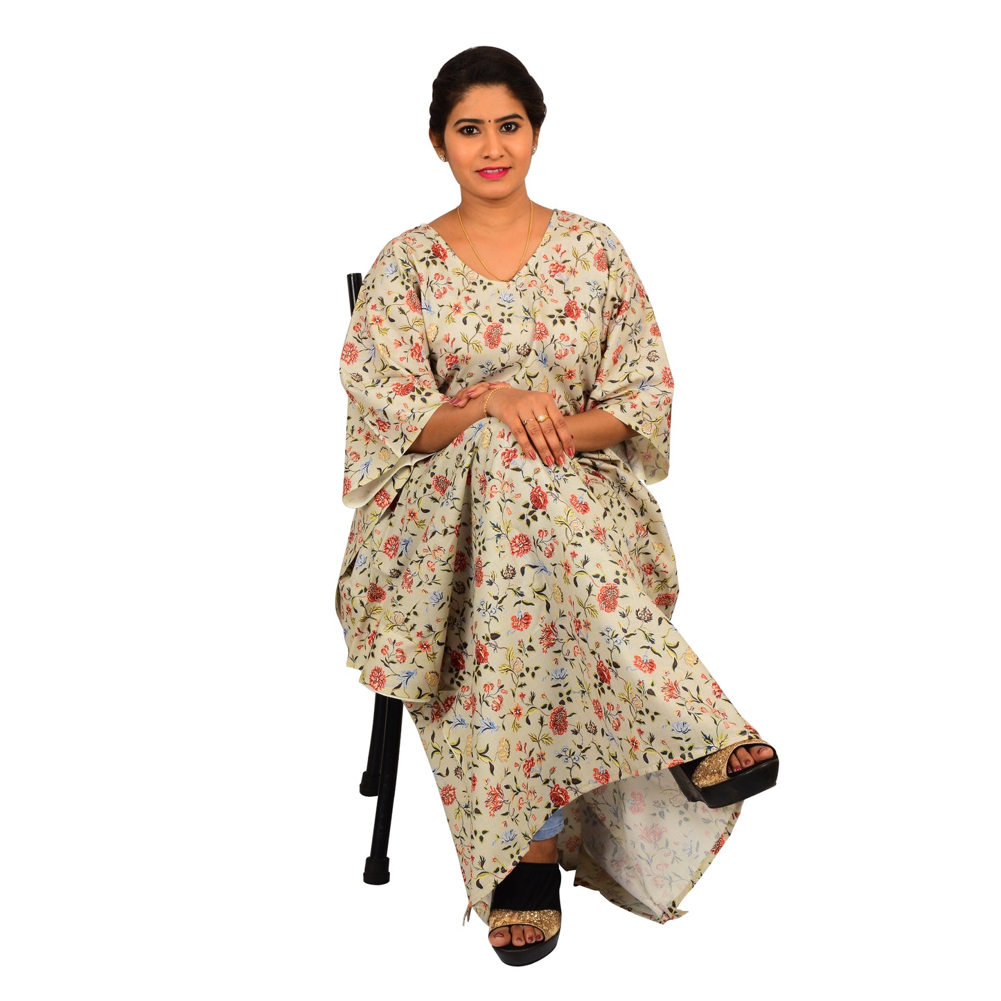 Digital Printed Cotton Blend Kaftan For Women - Green