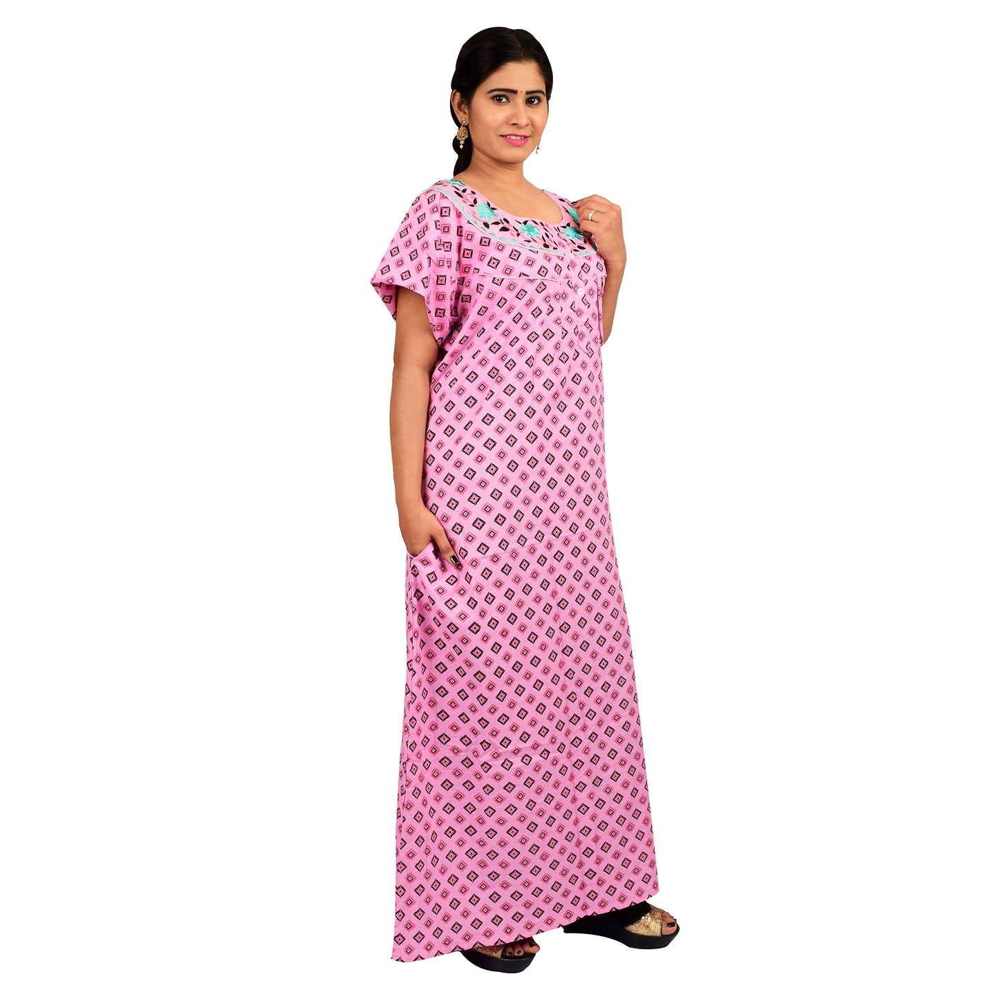 Embroidery Printed Cotton Nighty For Women - Pink