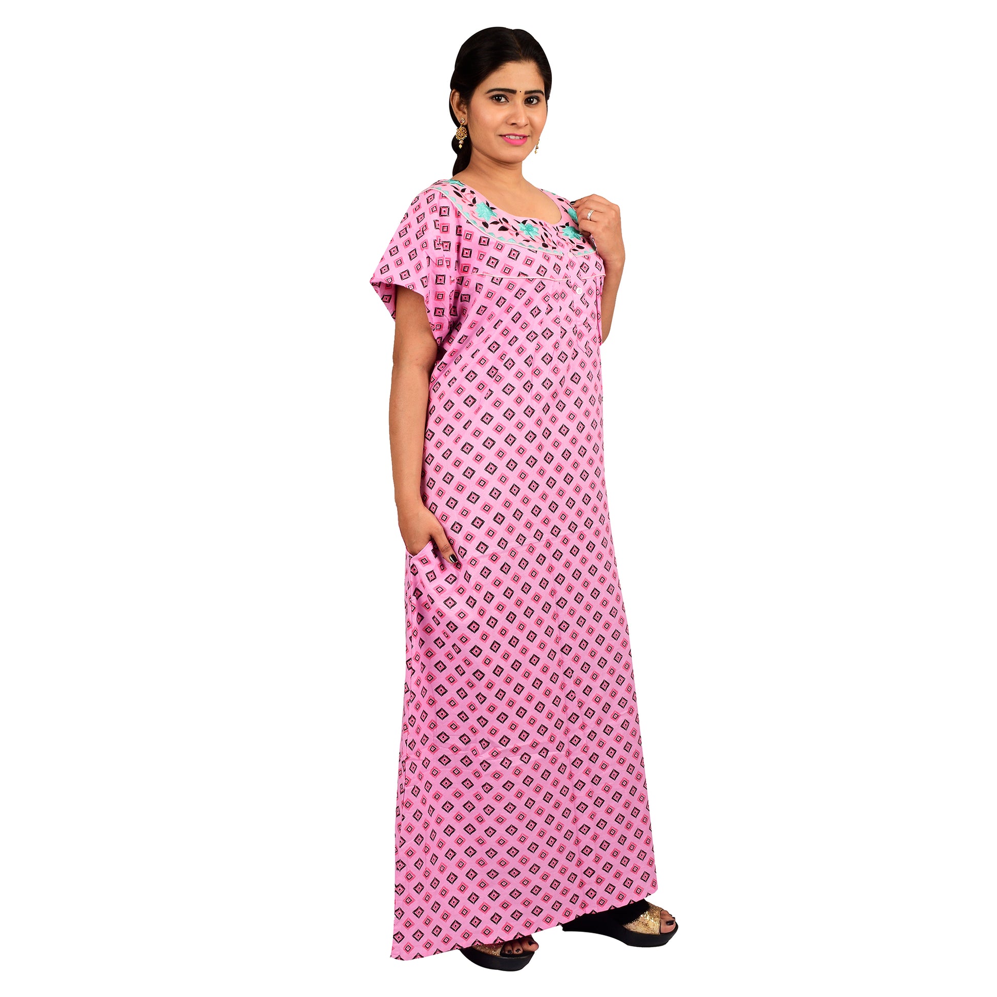 Embroidery Printed Cotton Nighty For Women - Pink