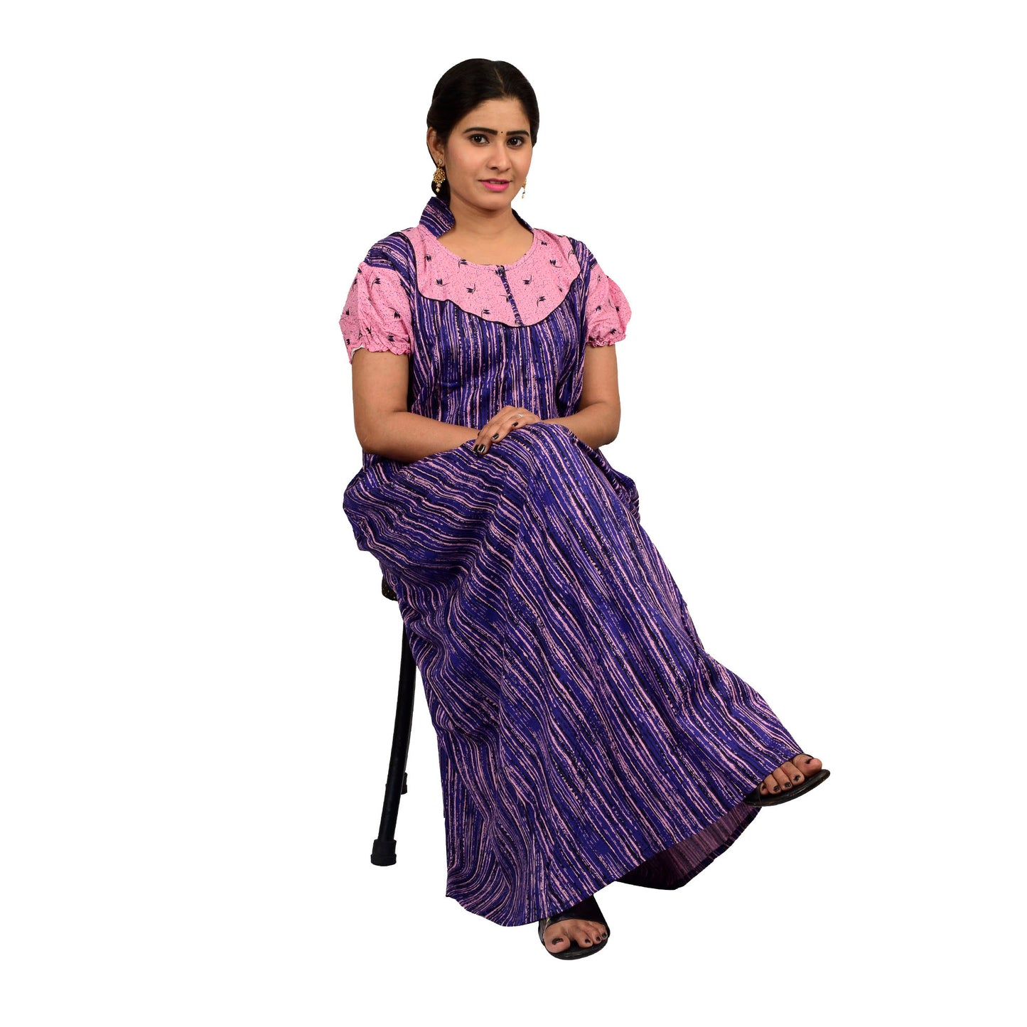 Printed Cotton Nighty For Women - Pink