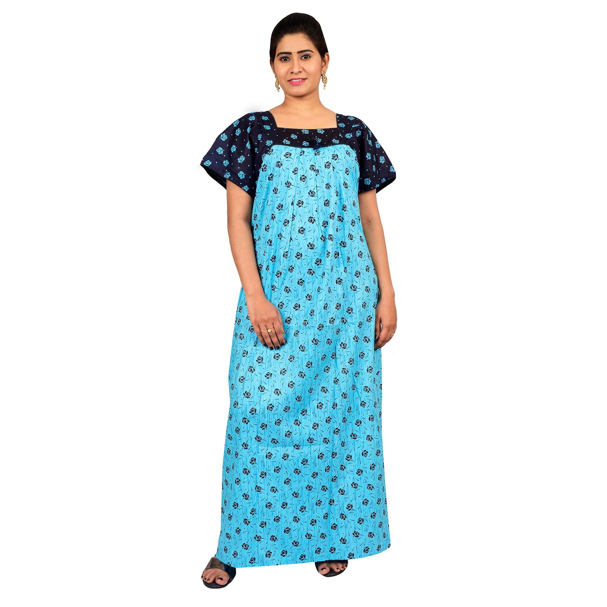 Printed Cotton Nighty For Women - Blue