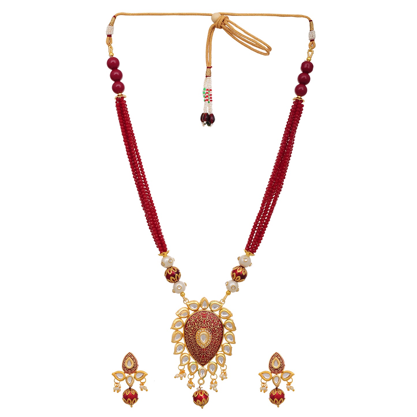 Gold Plated Enameled Kundan Meenakari Beaded Necklace with Earrings Set for Women (Red)