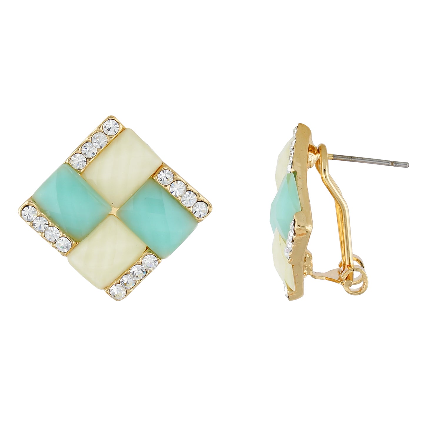Green and Cream Colour Rhombus Shape Ear Studs for Girls and Womens