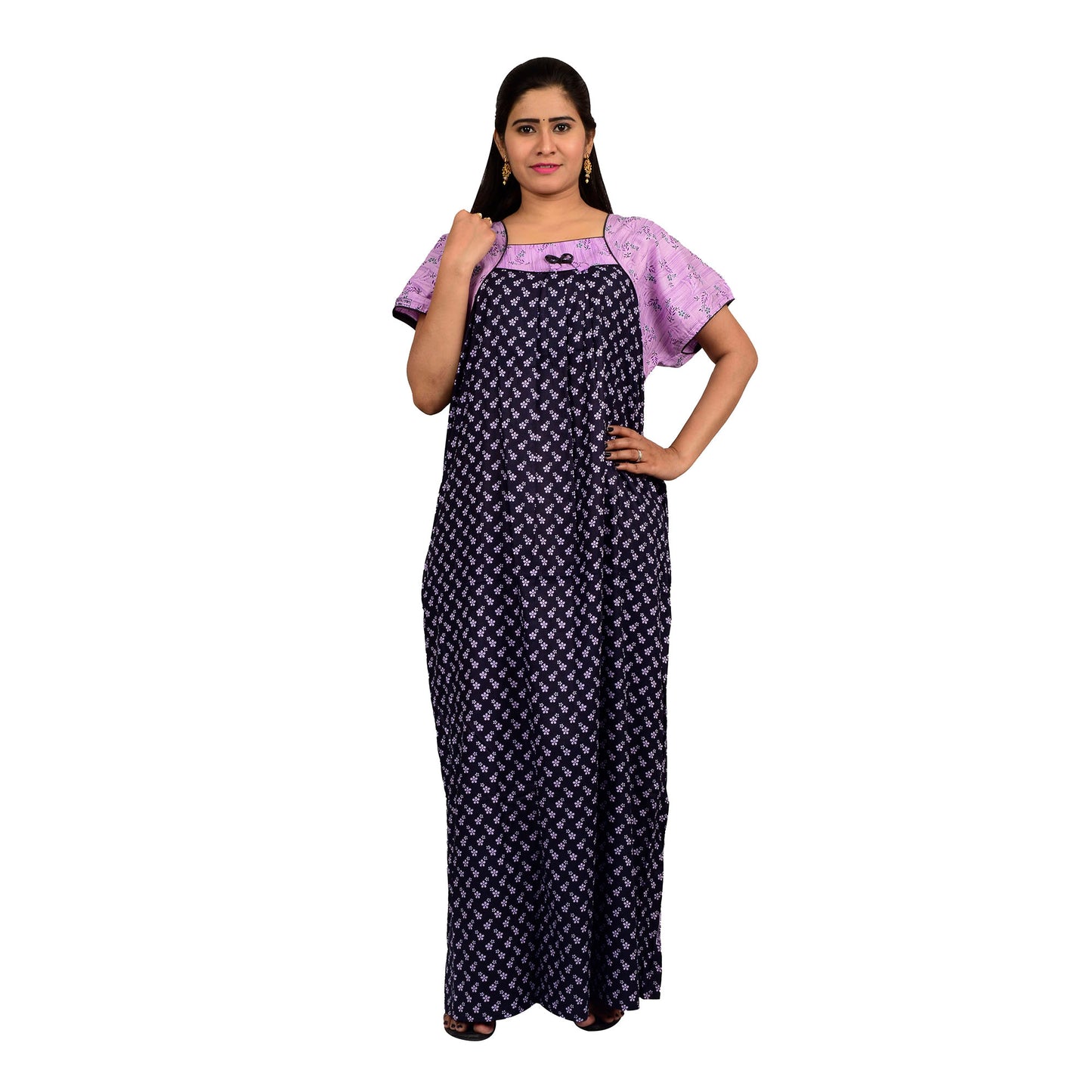 Printed Cotton Nighty For Women - Purple