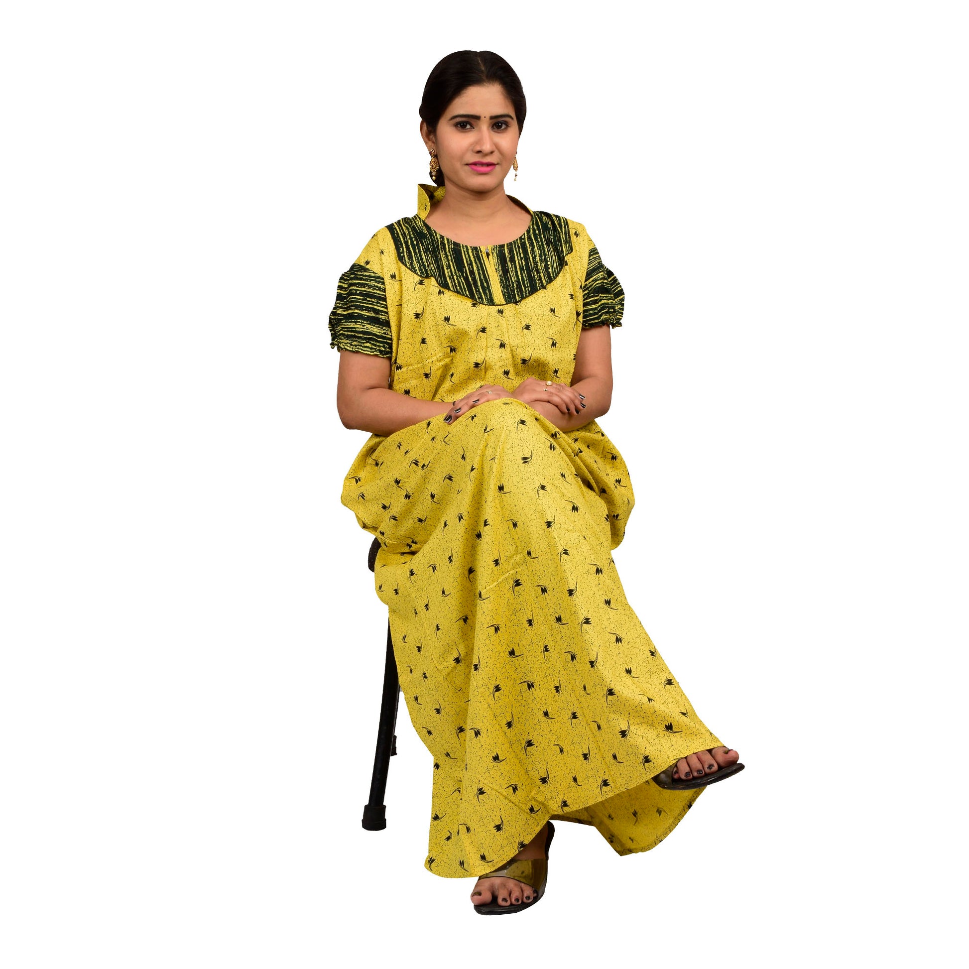 Printed Cotton Nighty For Women - Yellow