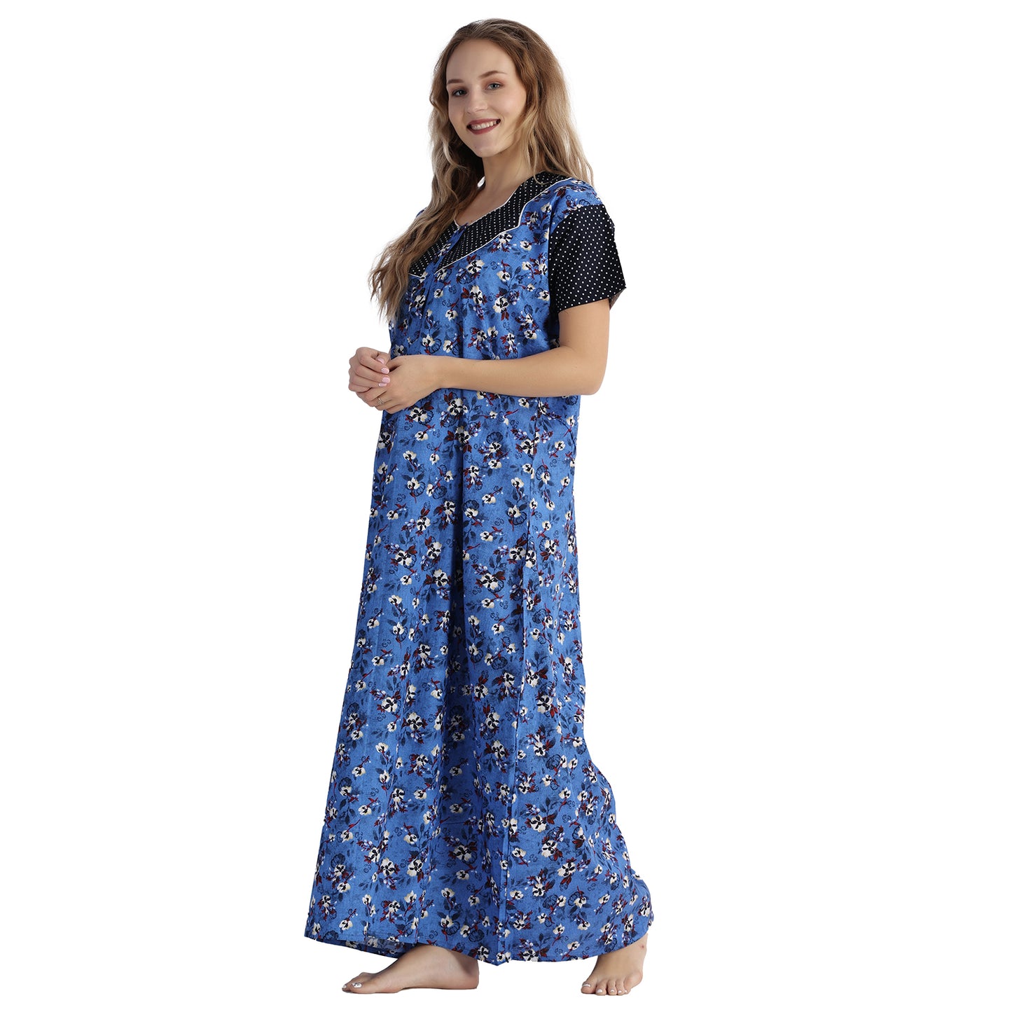 Printed Cotton Nighty For Women - Blue