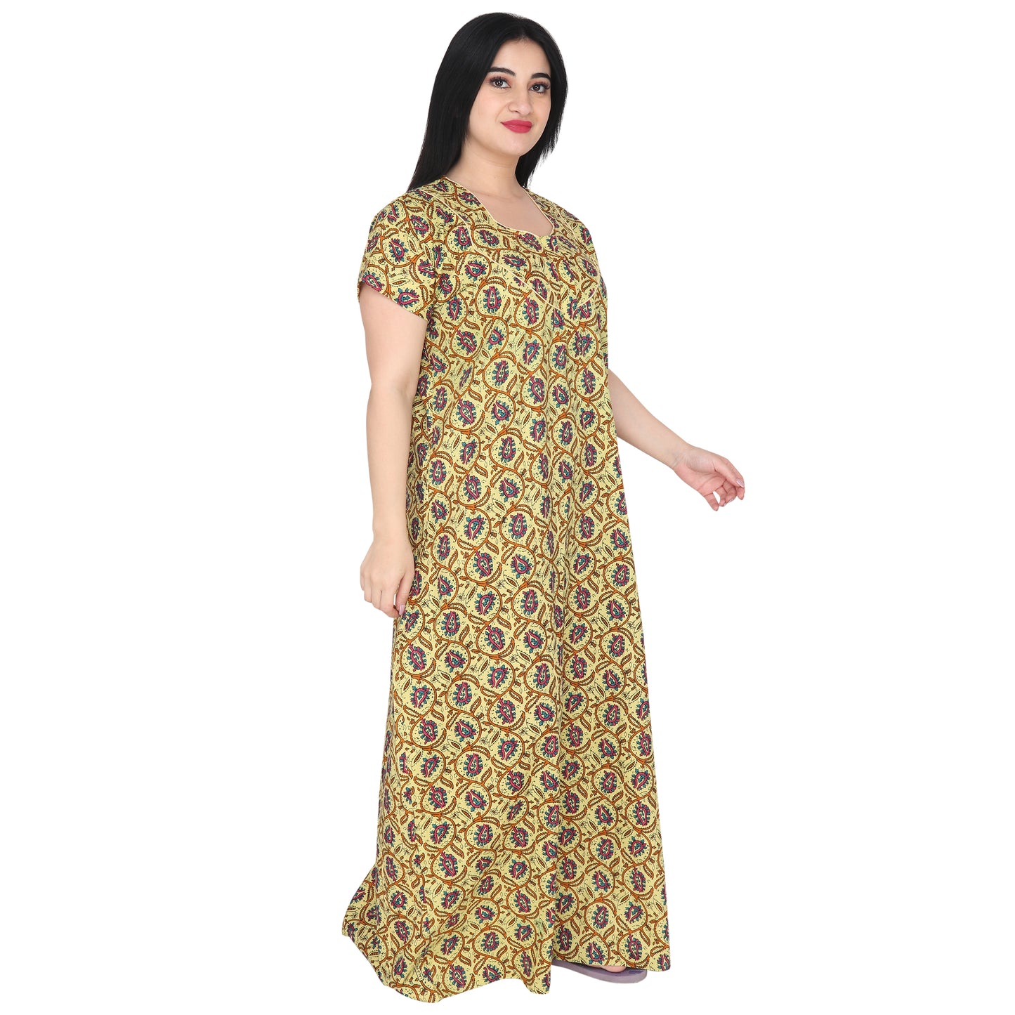 Printed Cotton Nighty For Women - Yellow