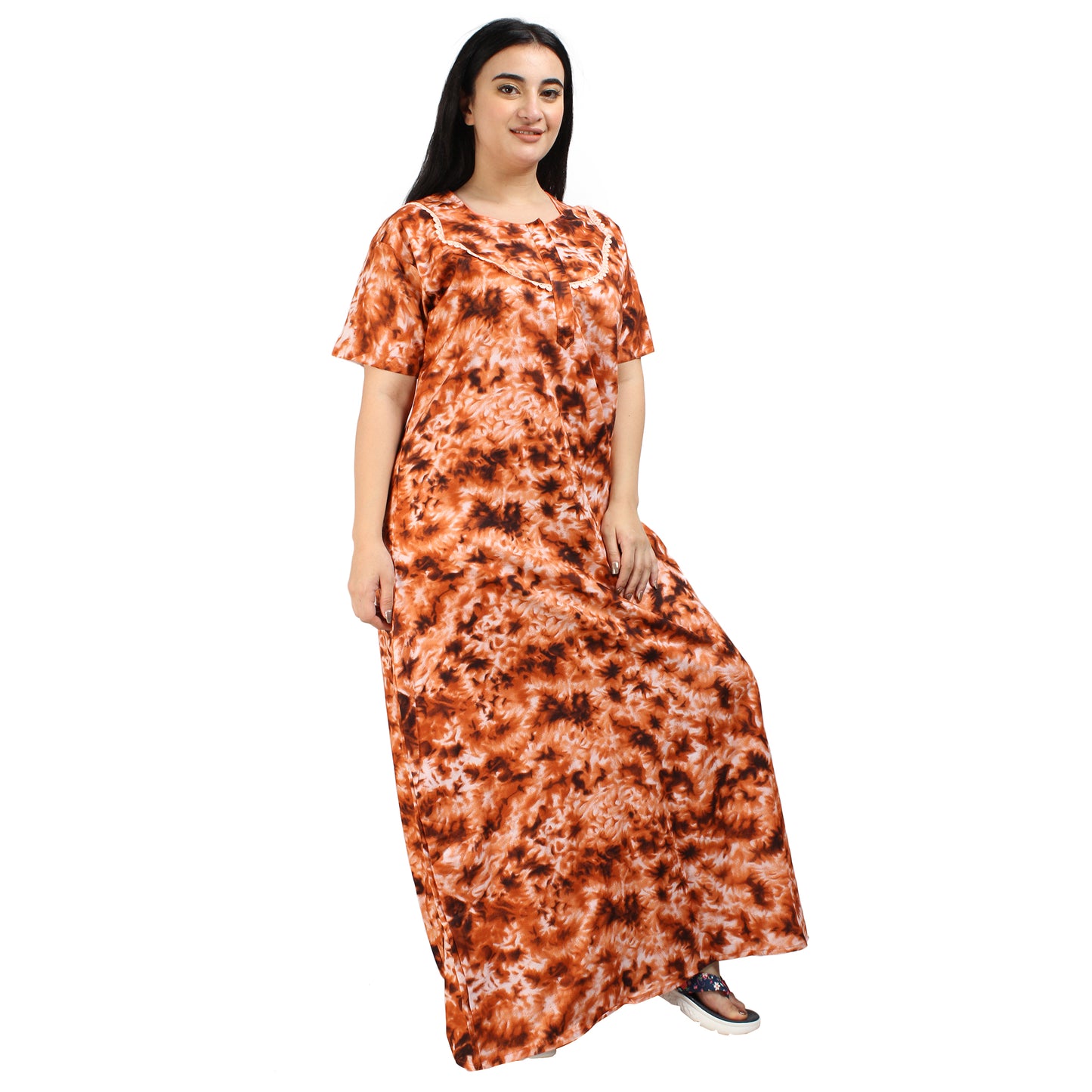 Printed Cotton Nighty For Women - Orange