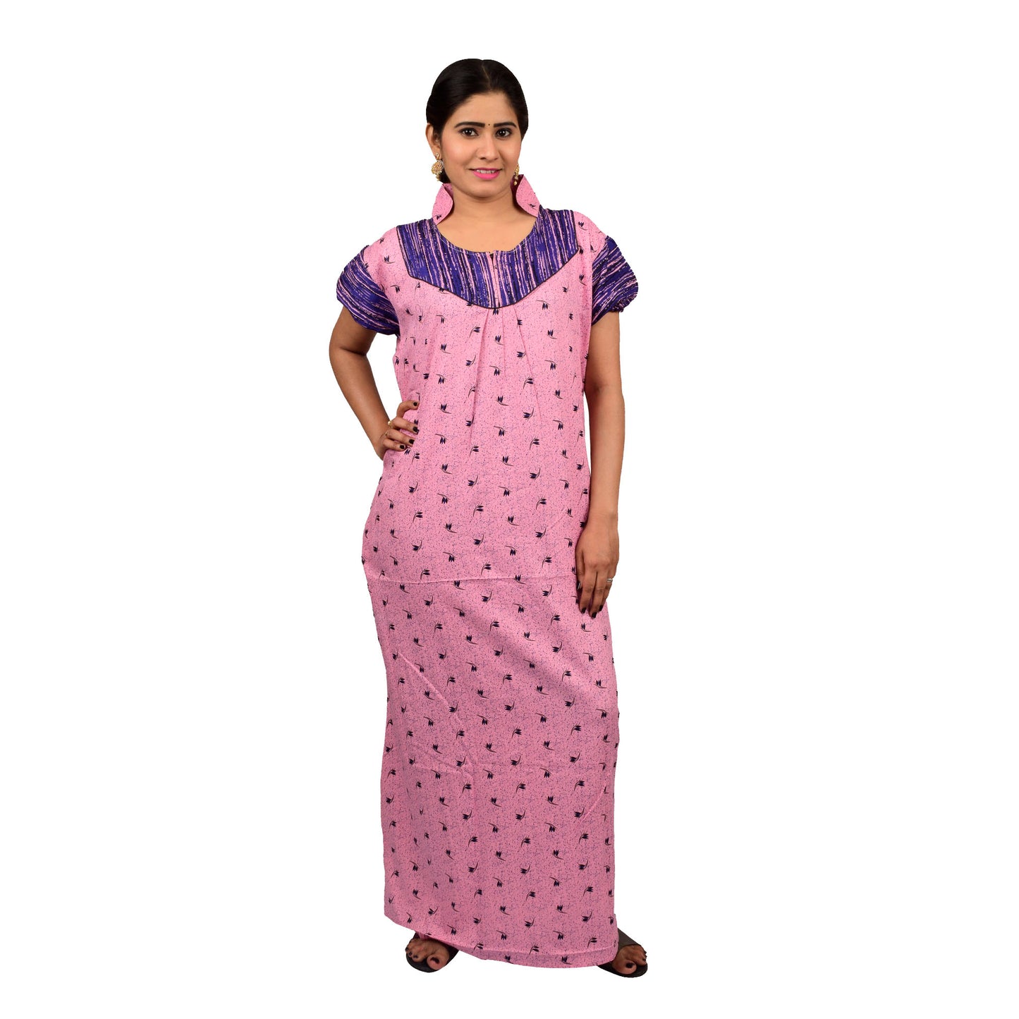 Printed Cotton Nighty For Women - Pink