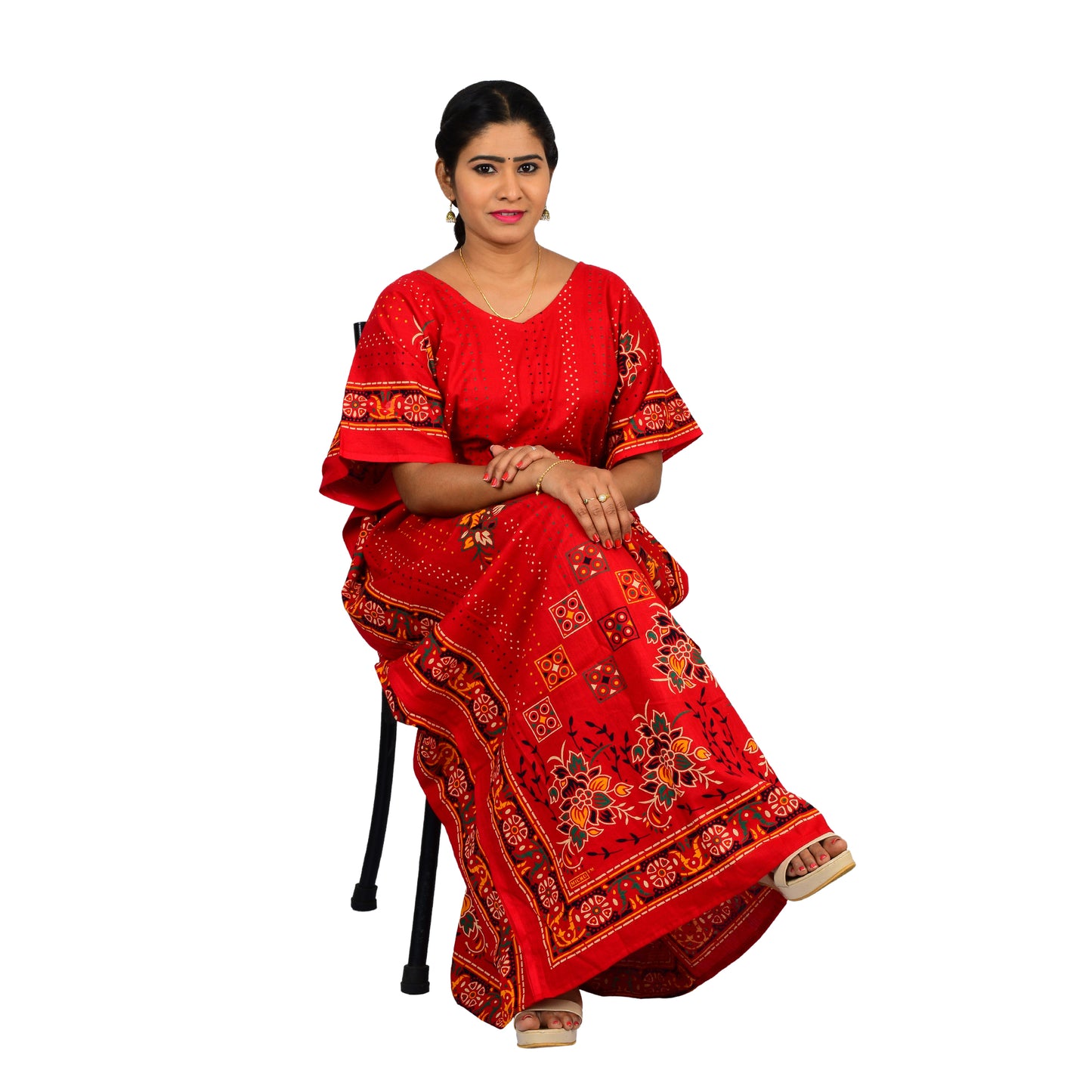 Printed Cotton Nighty For Women - Red