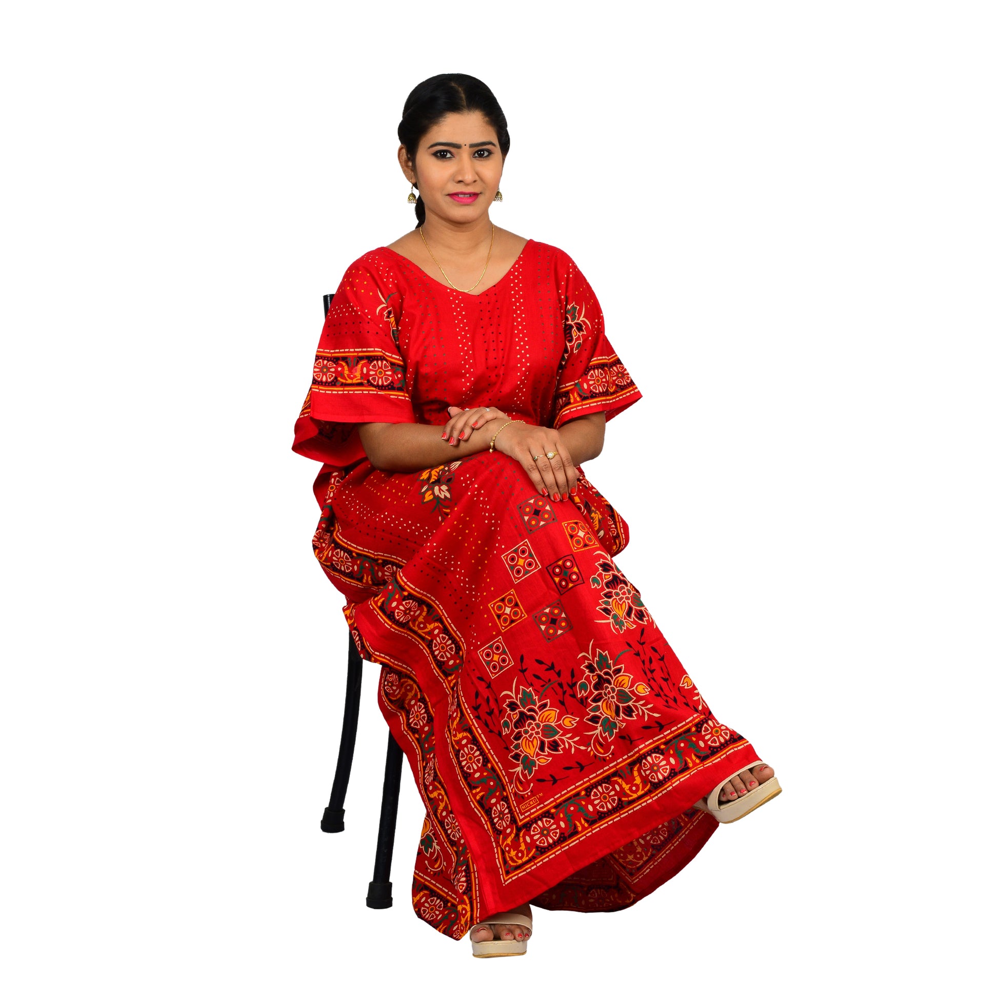 Printed Cotton Nighty For Women - Red