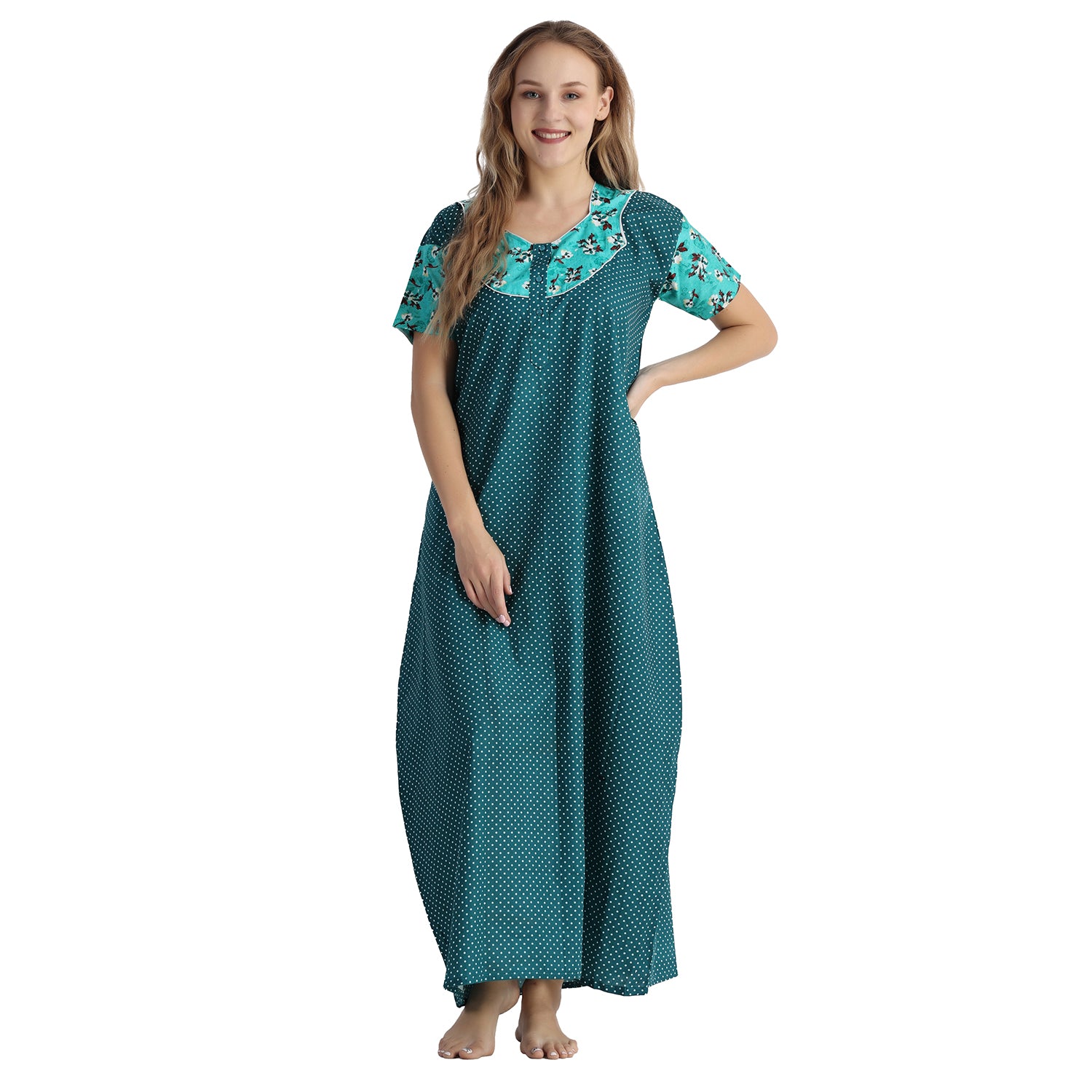 Printed Cotton Nighty For Women - Green