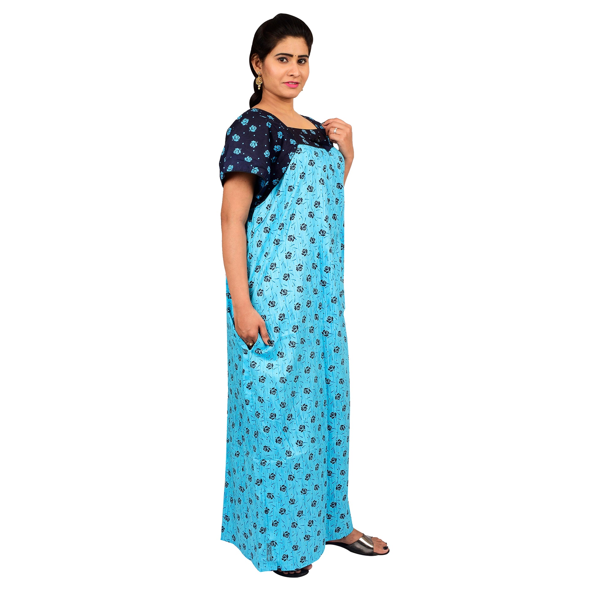 Printed Cotton Nighty For Women - Blue