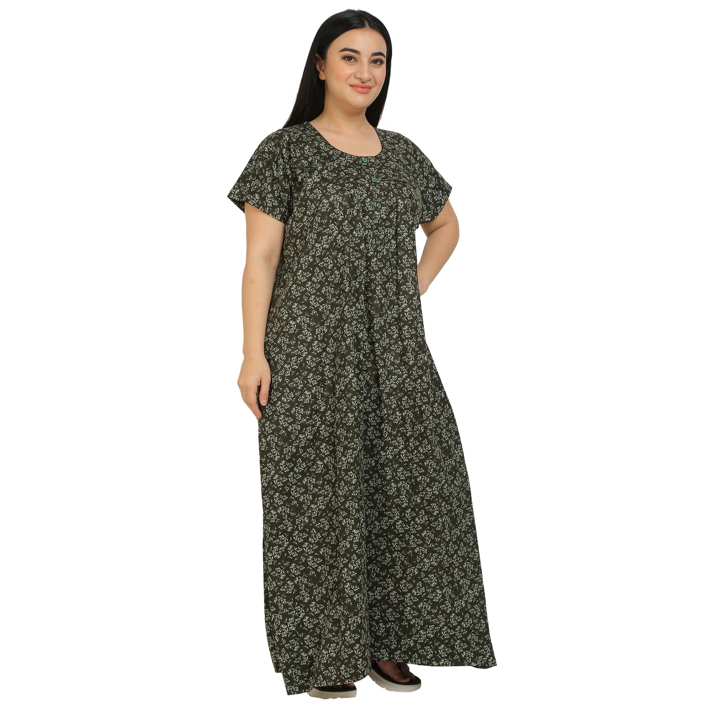 Printed Cotton Nighty For Women - Light Green