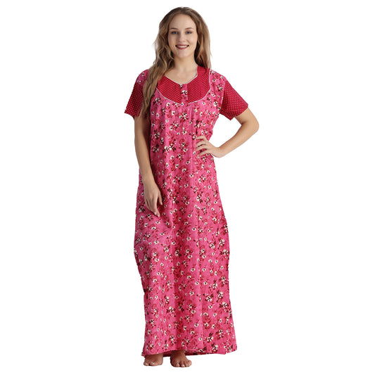Printed Cotton Nighty For Women - Pink