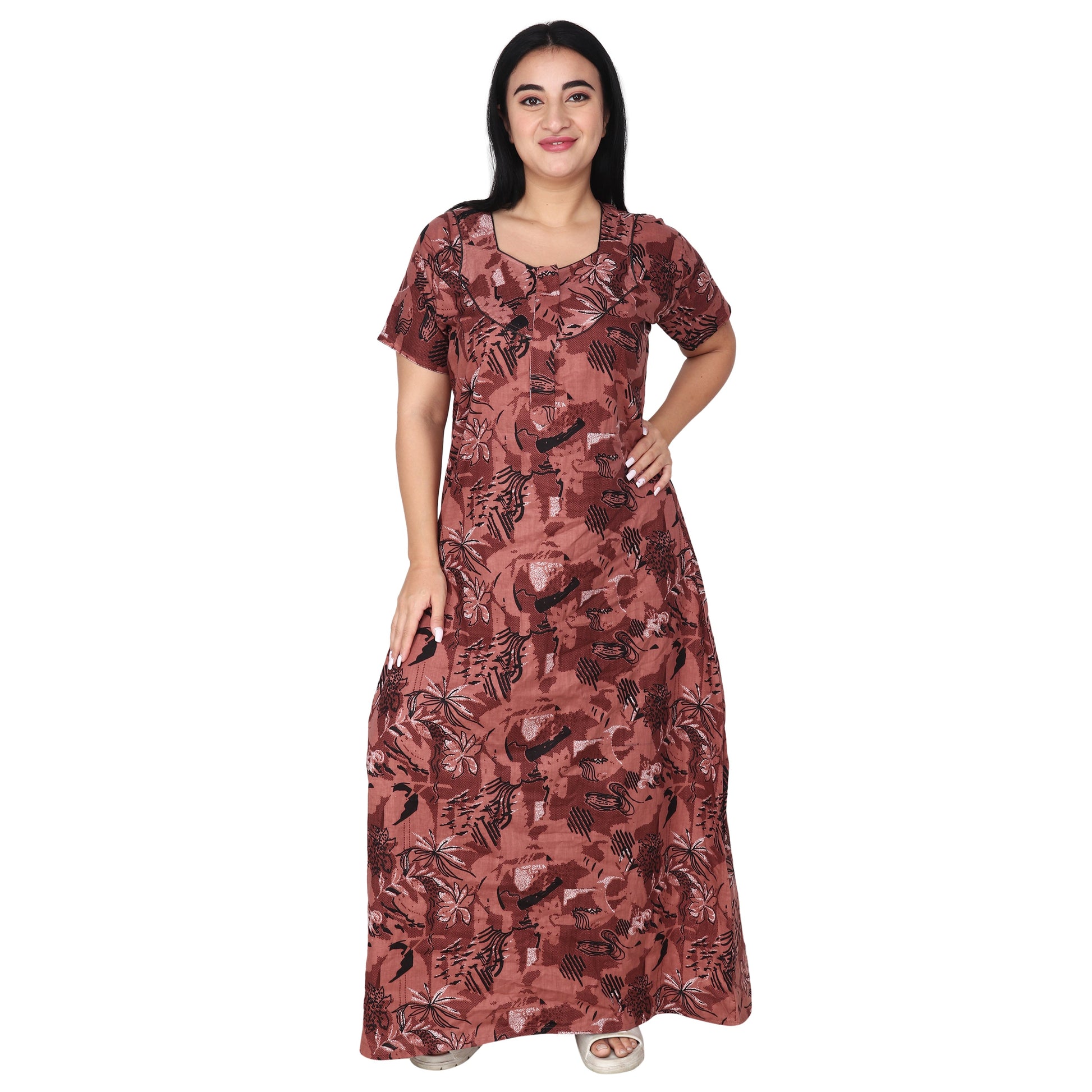 Printed Cotton Nighty For Women - Brown