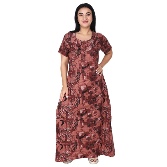 Printed Cotton Nighty For Women - Brown