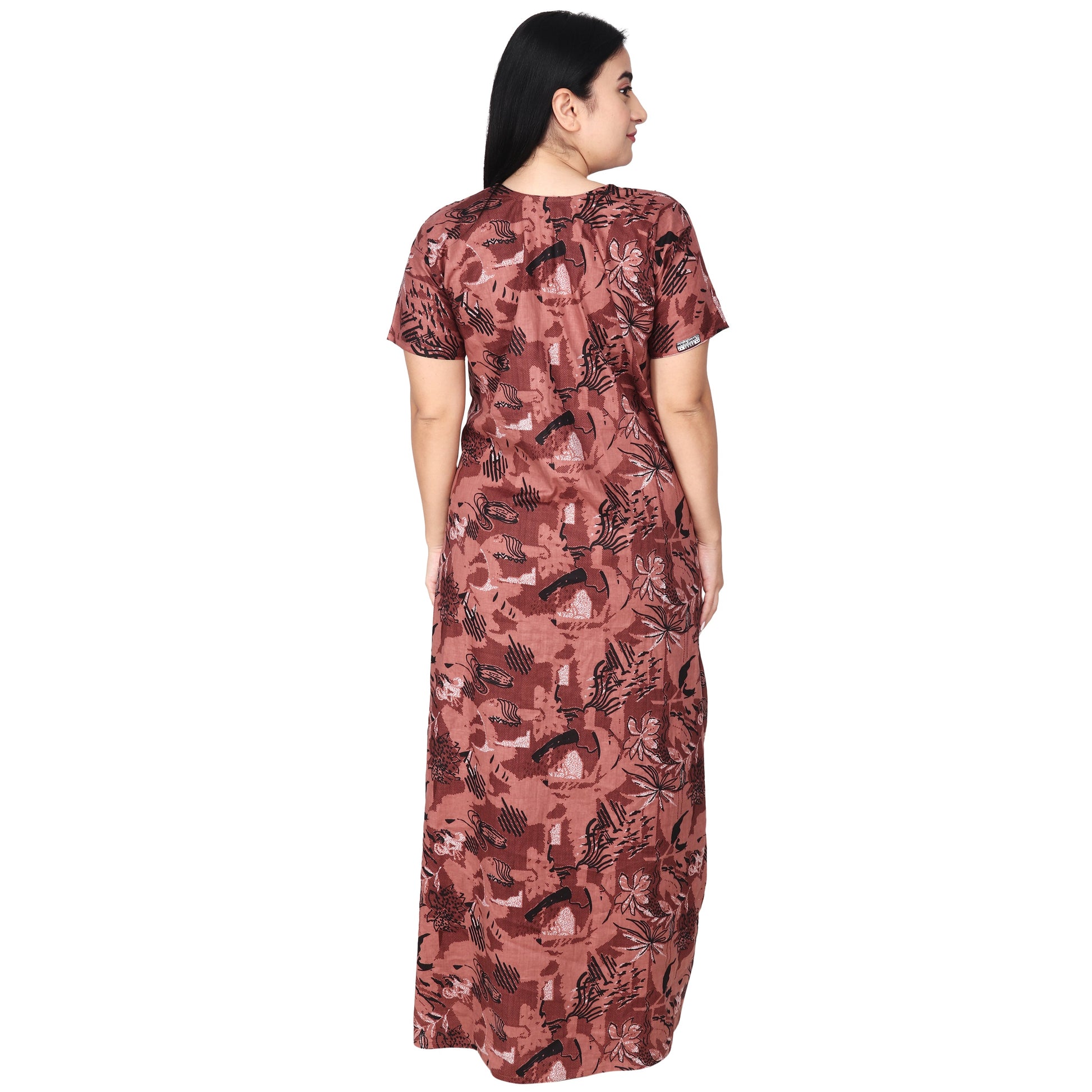 Printed Cotton Nighty For Women - Brown
