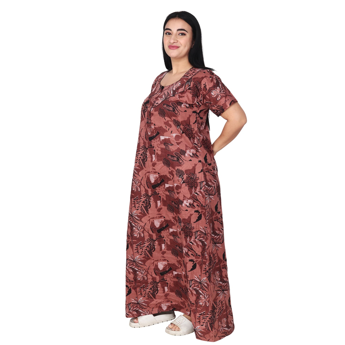 Printed Cotton Nighty For Women - Brown
