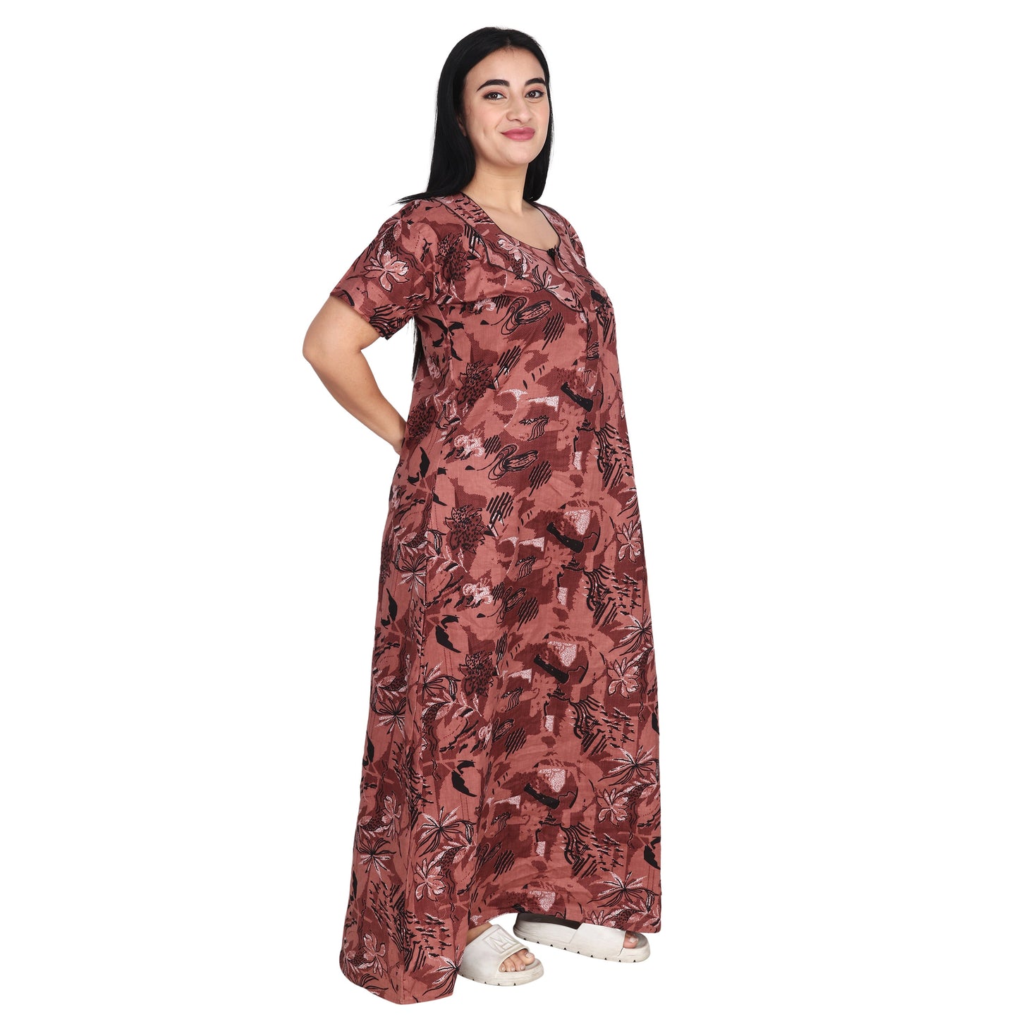 Printed Cotton Nighty For Women - Brown