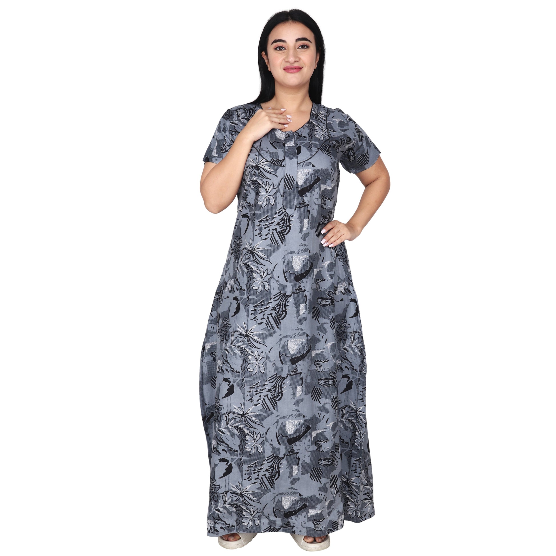 Printed Cotton Nighty For Women - Blue