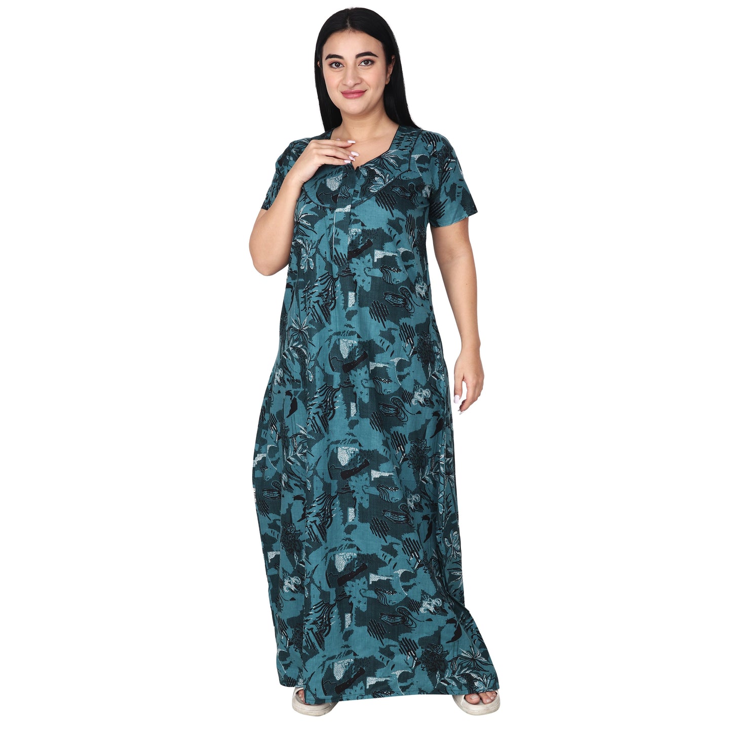 Printed Cotton Nighty For Women - Dark Green