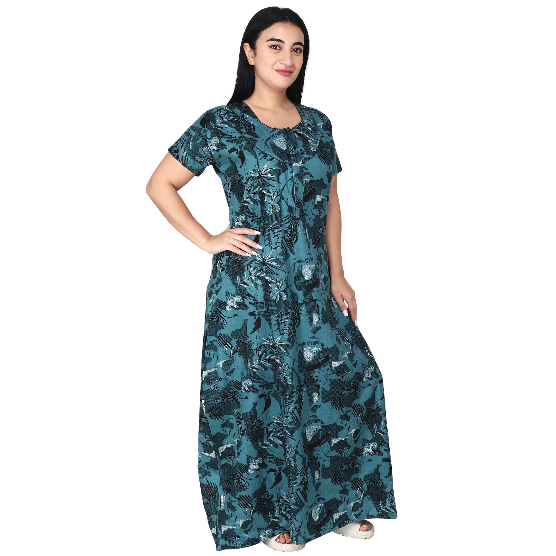 Printed Cotton Nighty For Women - Dark Green
