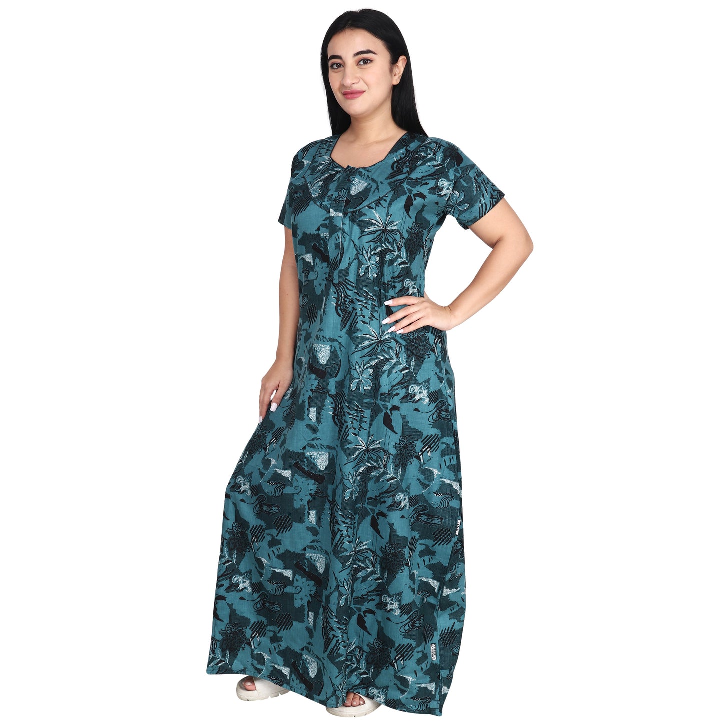 Printed Cotton Nighty For Women - Dark Green