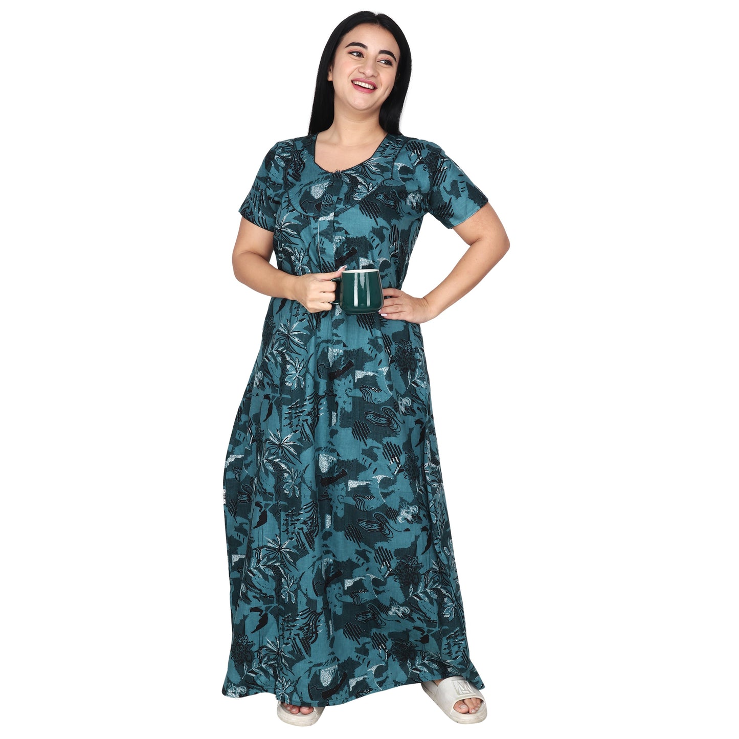 Printed Cotton Nighty For Women - Dark Green