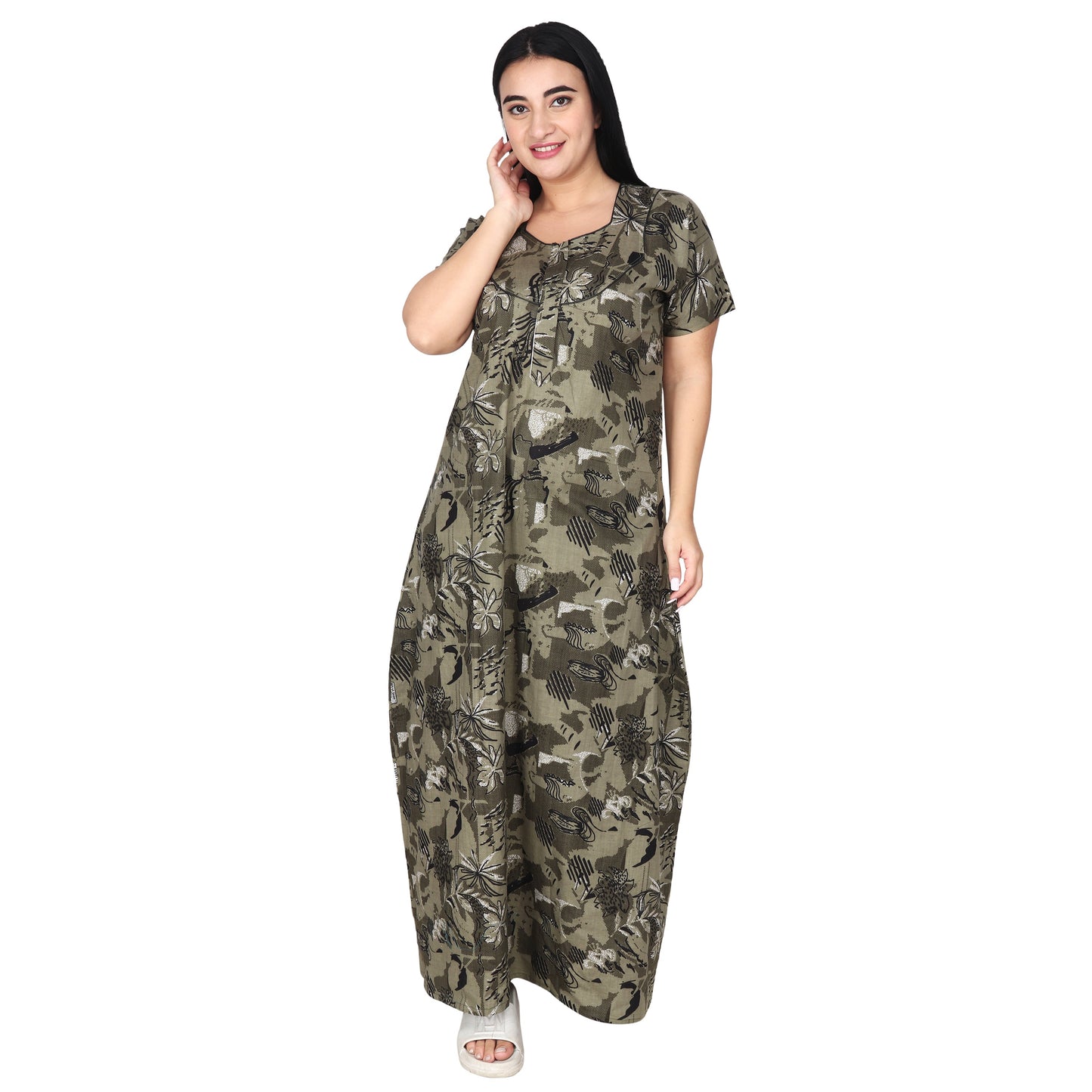 Printed Cotton Nighty For Women - Light Green