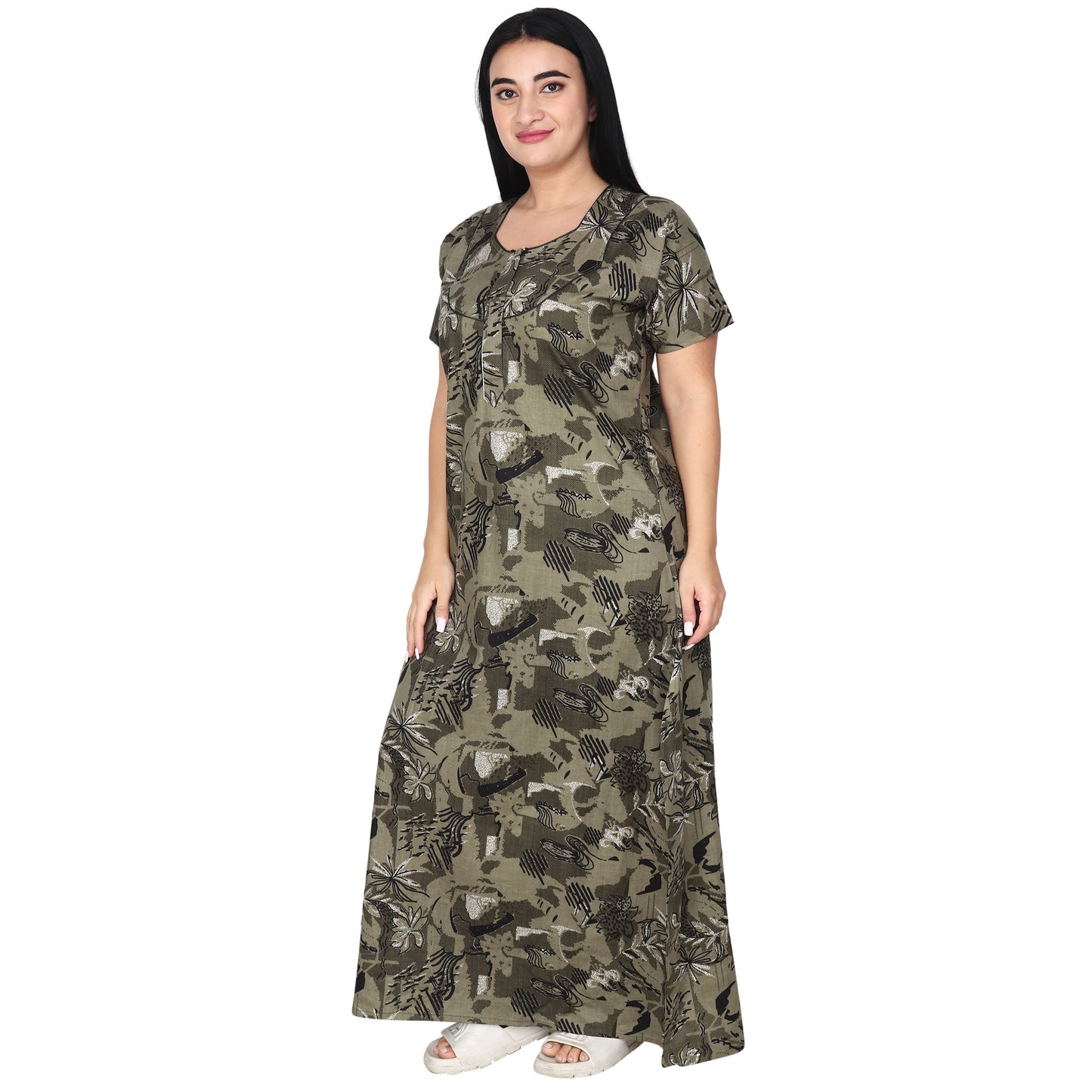 Printed Cotton Nighty For Women - Light Green