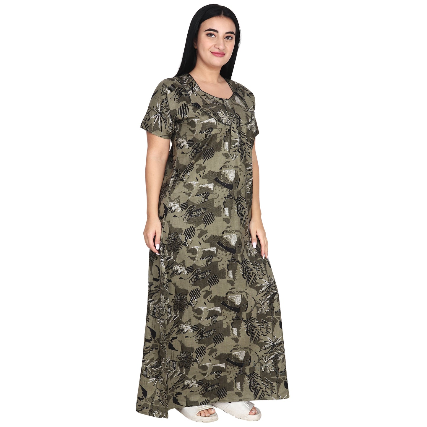 Printed Cotton Nighty For Women - Light Green