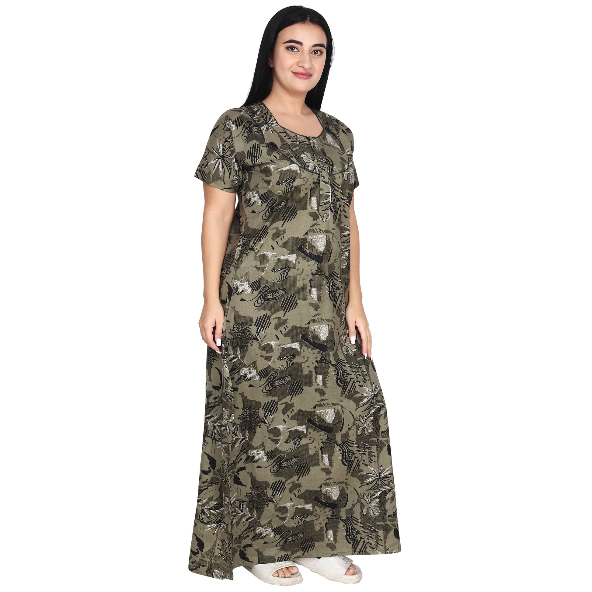 Printed Cotton Nighty For Women - Light Green