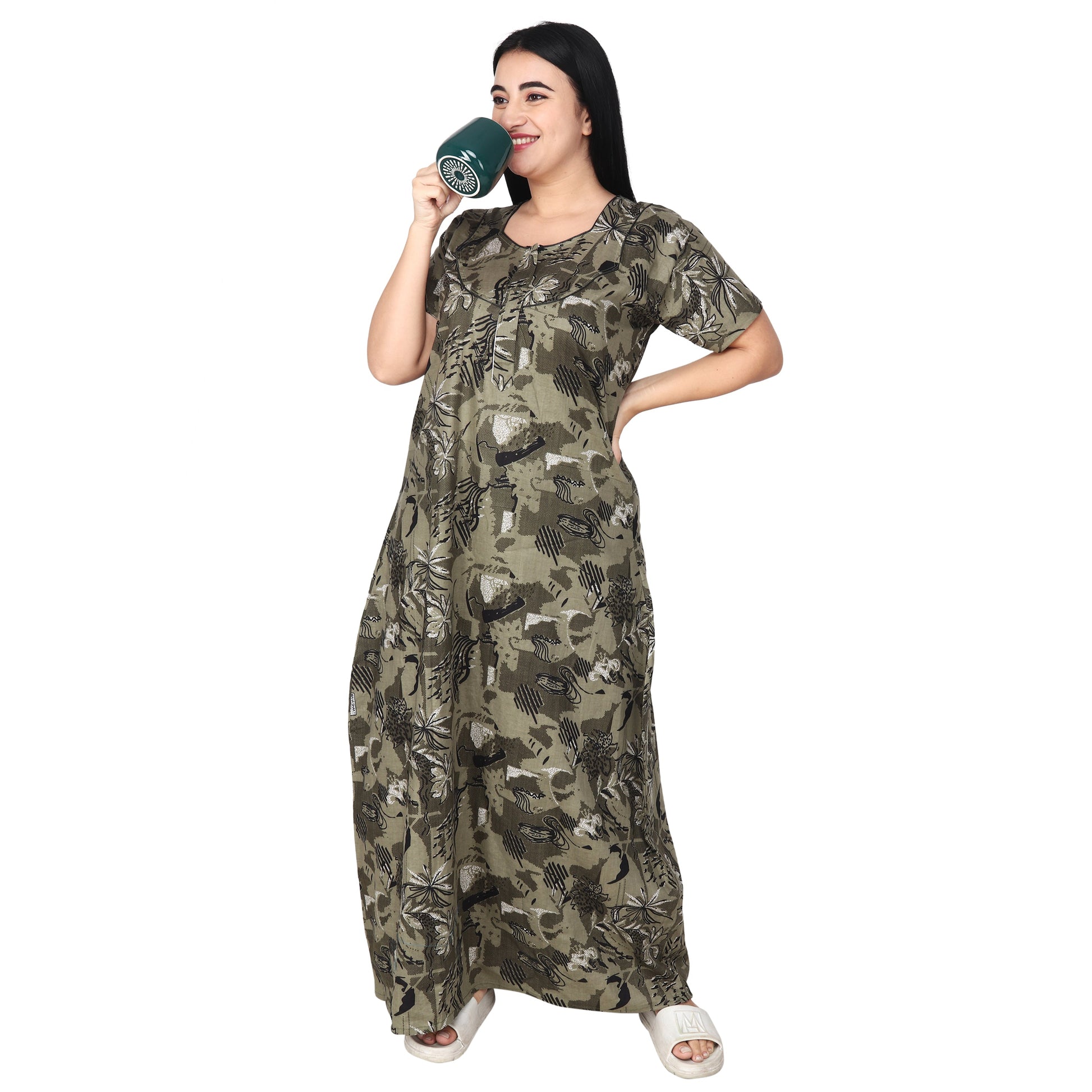 Printed Cotton Nighty For Women - Light Green