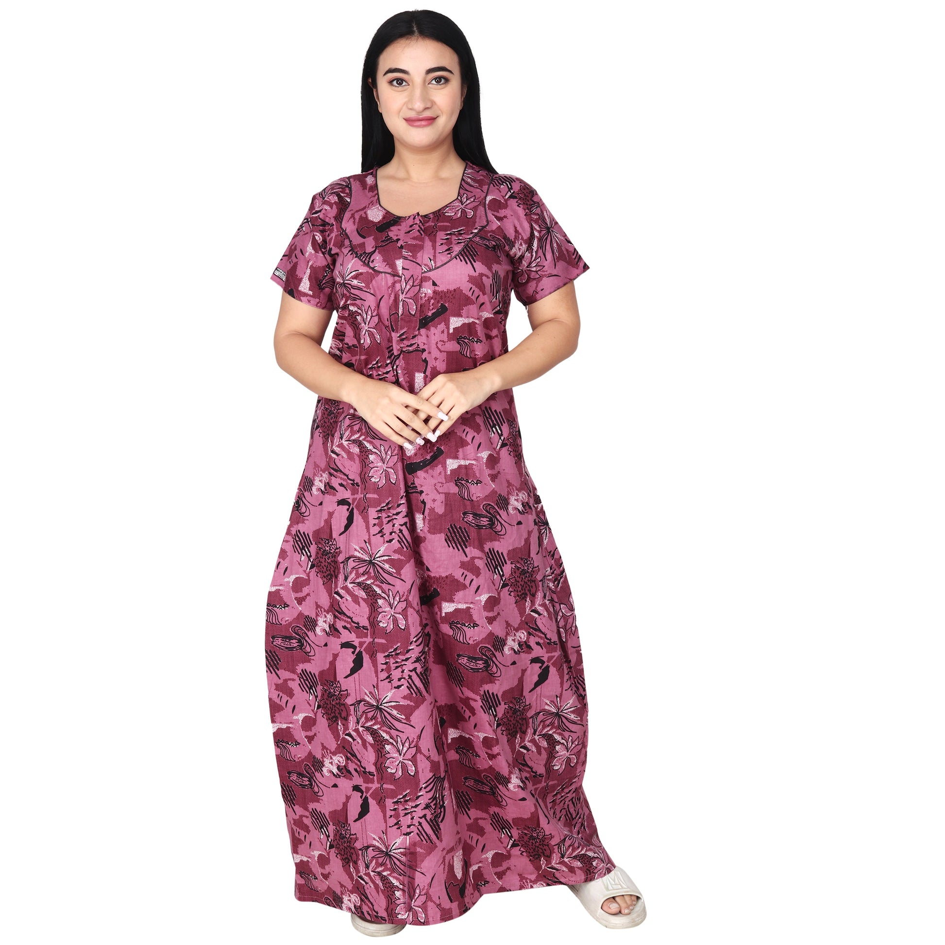 Printed Cotton Nighty For Women - Pink
