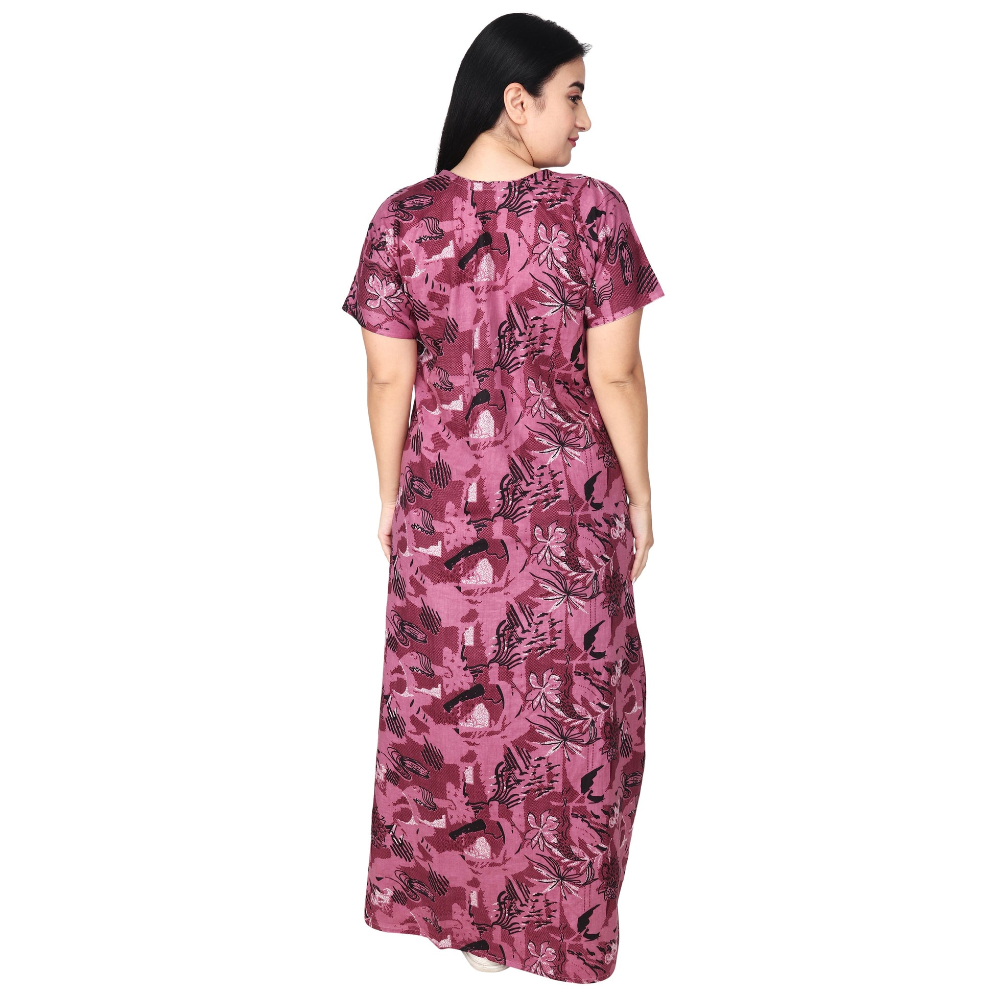Printed Cotton Nighty For Women - Pink