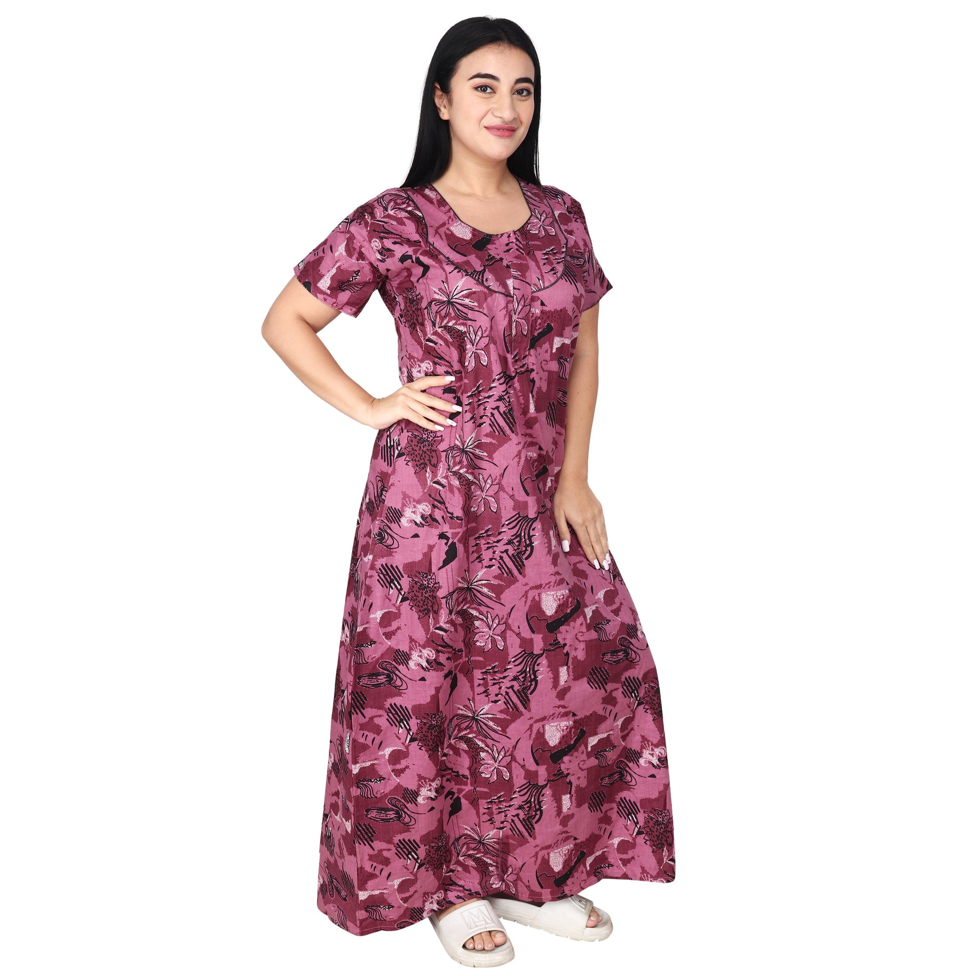 Printed Cotton Nighty For Women - Pink