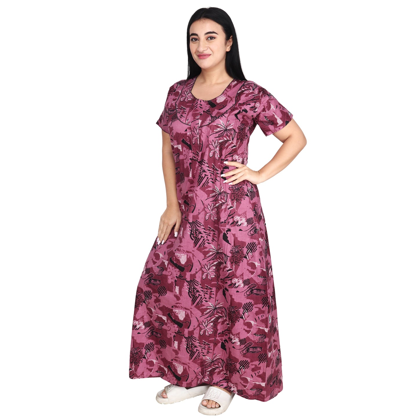 Printed Cotton Nighty For Women - Pink