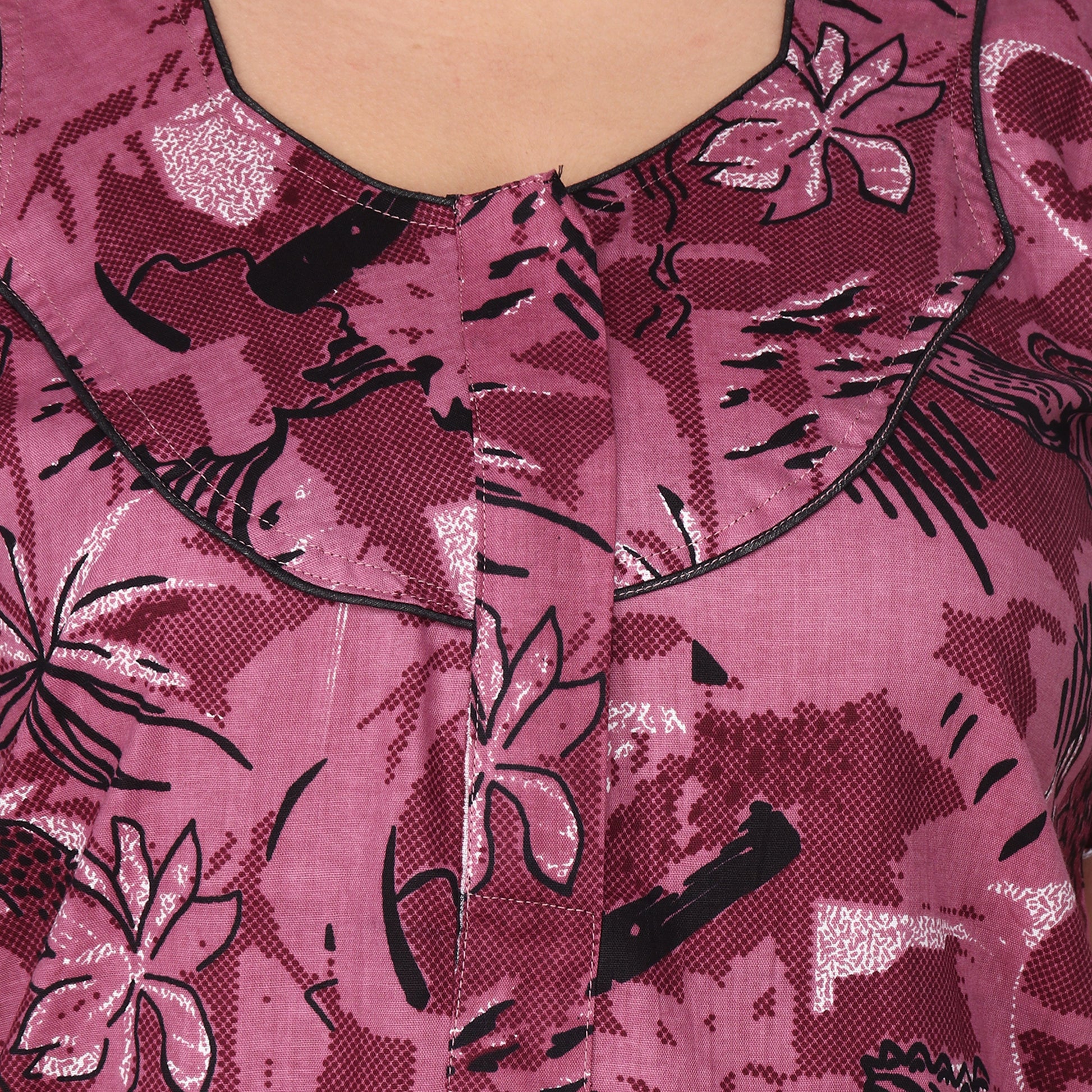 Printed Cotton Nighty For Women - Pink